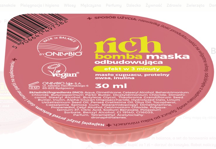 Onlybio Hair In Balance Rich Bomba maska obnovující proteiny 3 minuty