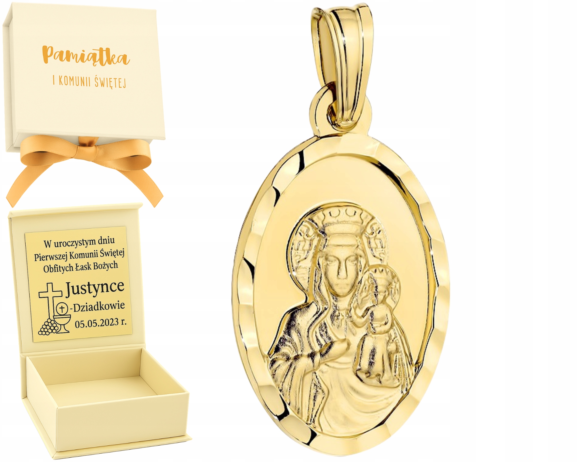 Zlatý medailon Matka Boží Čestochovská Diamantová vazba Zlato Gravírování