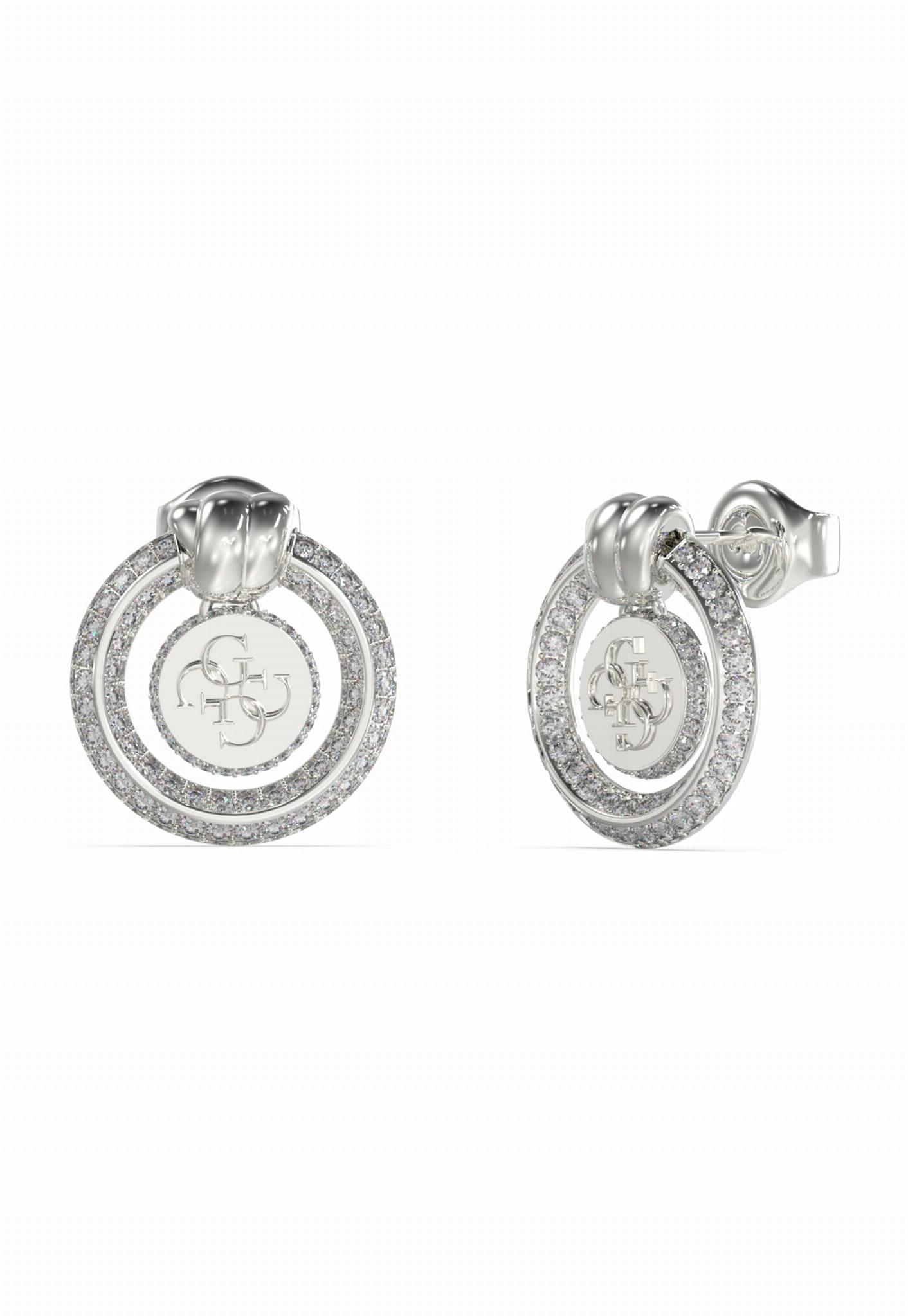 Náušnice Guess Knot You Závěsná kolečka Ocel stříbrná Zirkony Logo 4G Dýka