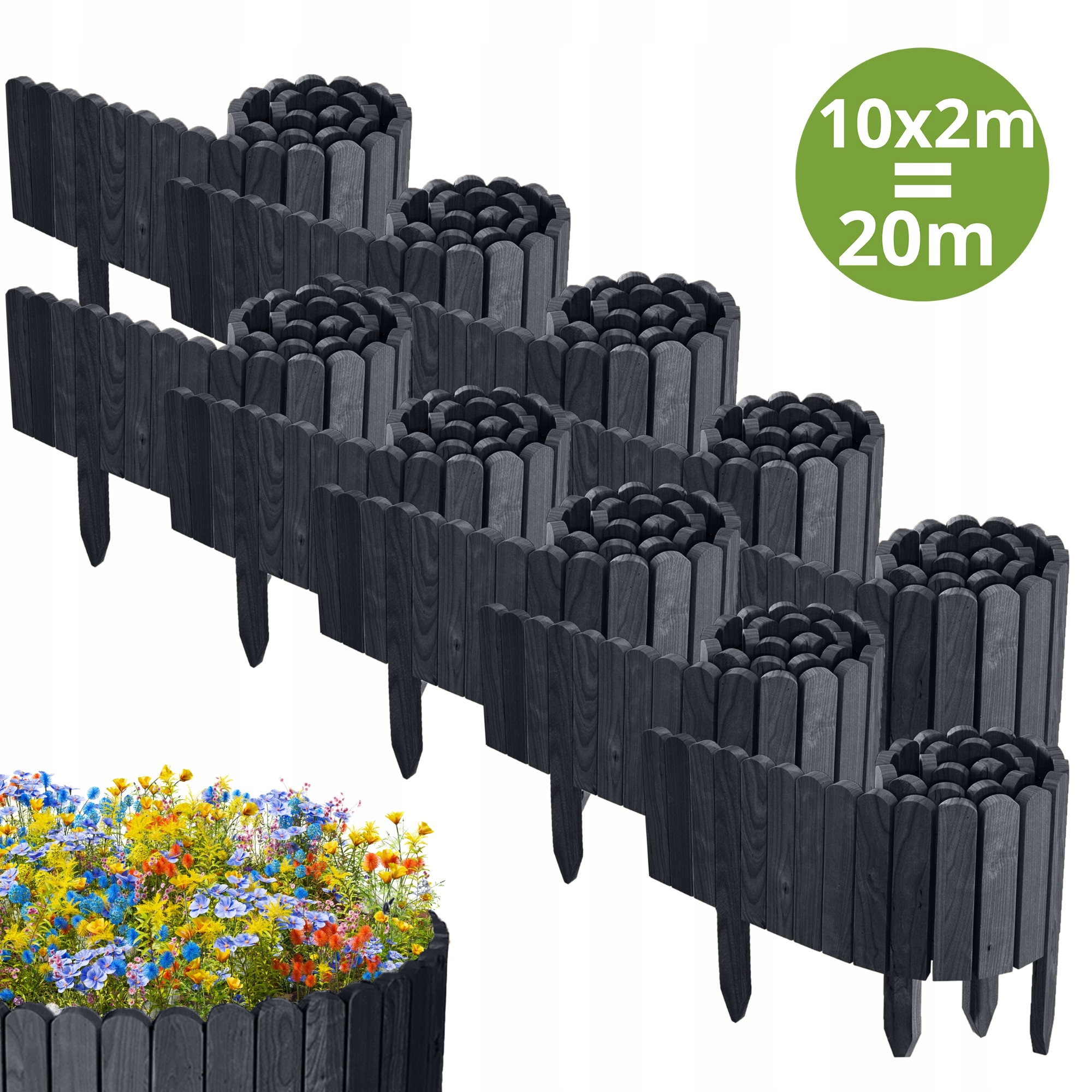 Dřevěný zahradní plot, borovice 2000 cm (10 x 200 cm), výška 20 cm, antracitová barva
