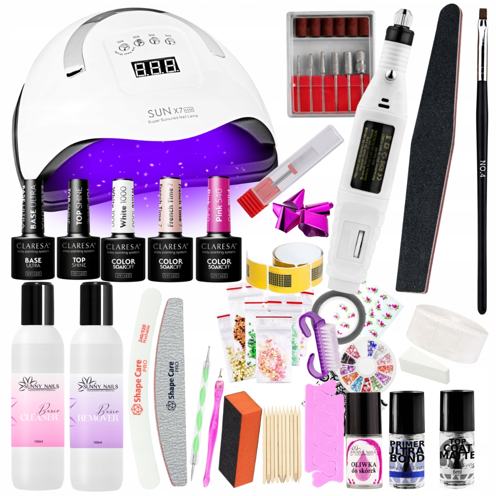 Sada Pro Hybridní Výrobu Nehtů Lampa 180W Bruska Laky Claresa