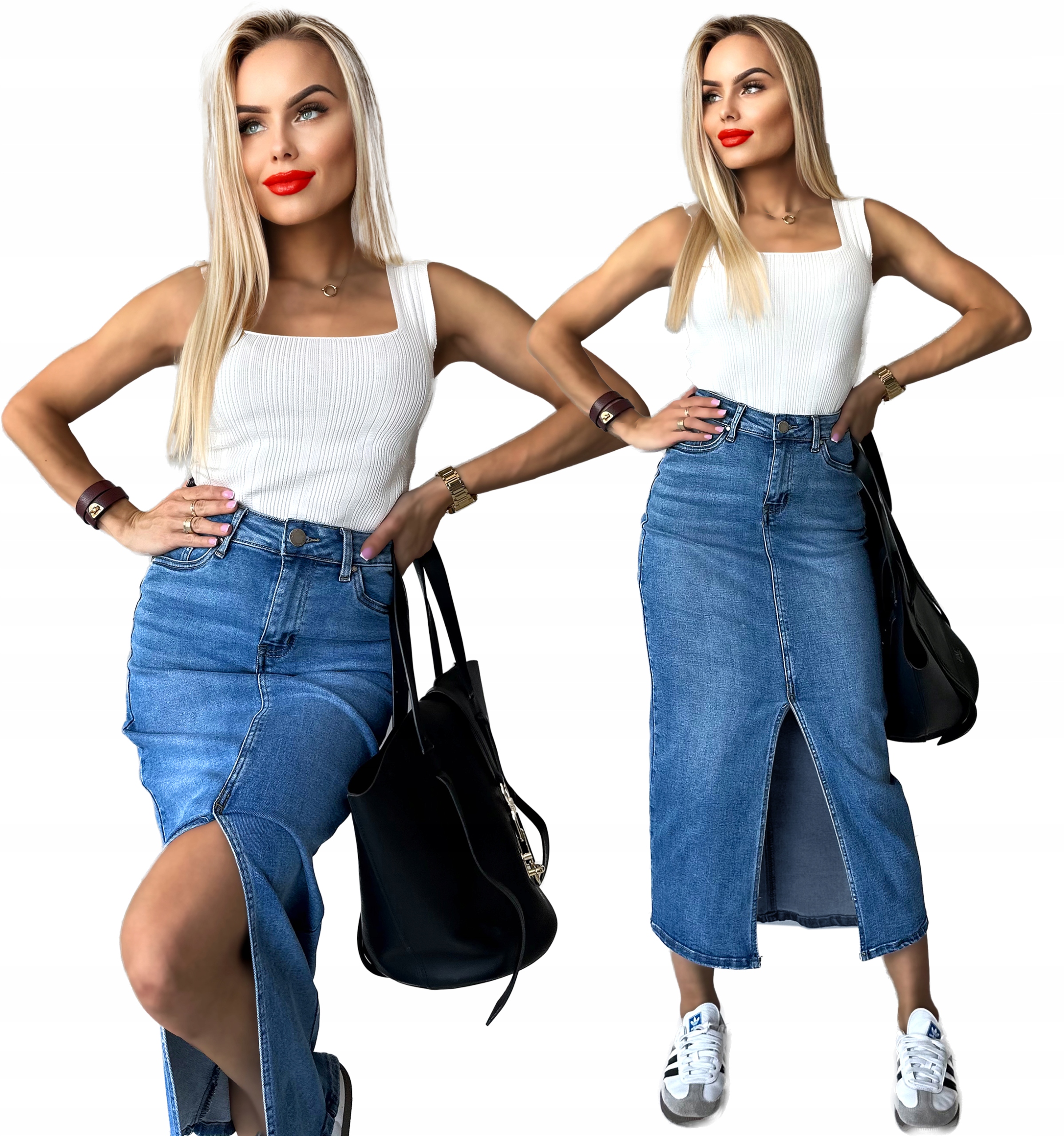 Dámská dlouhá džínová Sukně midi s rozparkem plus size XL JD03