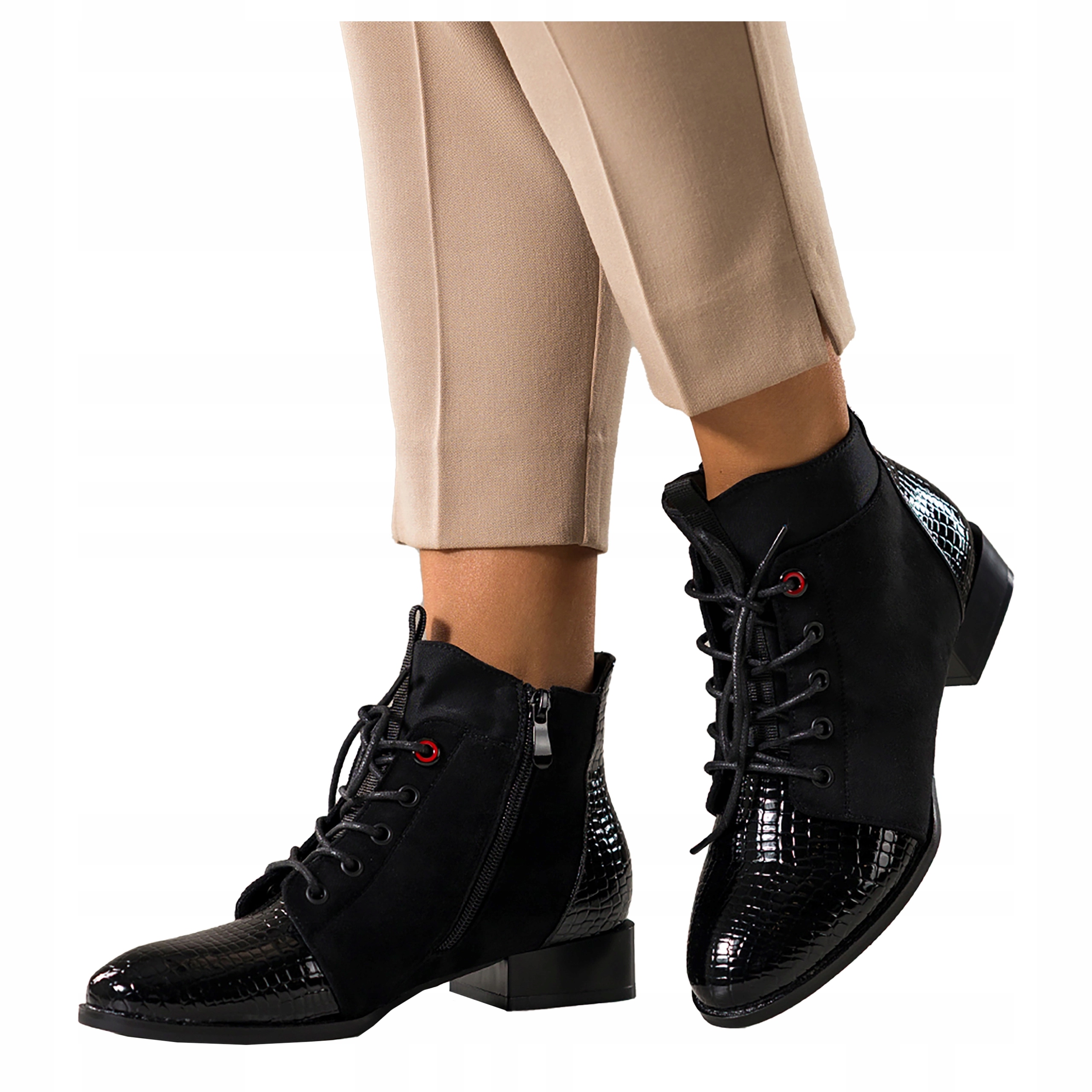 Kotníkové Boty Černé Dámské Pohodlné Lakované Nízký Kostkový Vzor Hadí vel 40