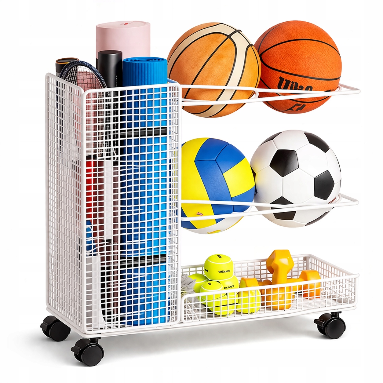 Stojak na 4 piłki kosz organizer sportowy na kółkach, regał na sprzęt fit