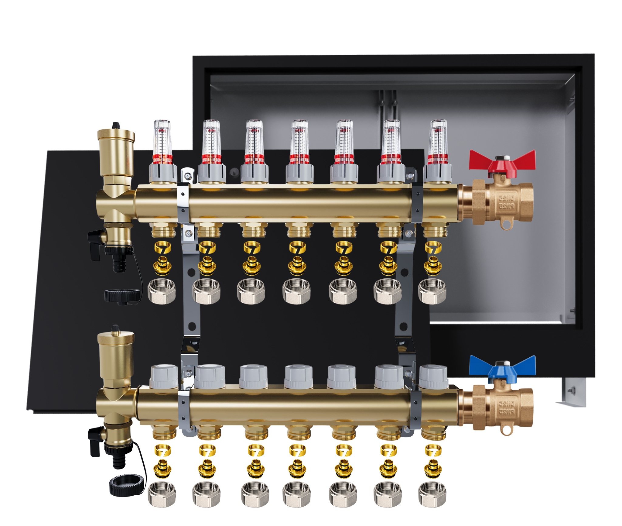 Rozdělovač podlahový mosazný 7 okruhů Podomítkový černý Ventily Pex