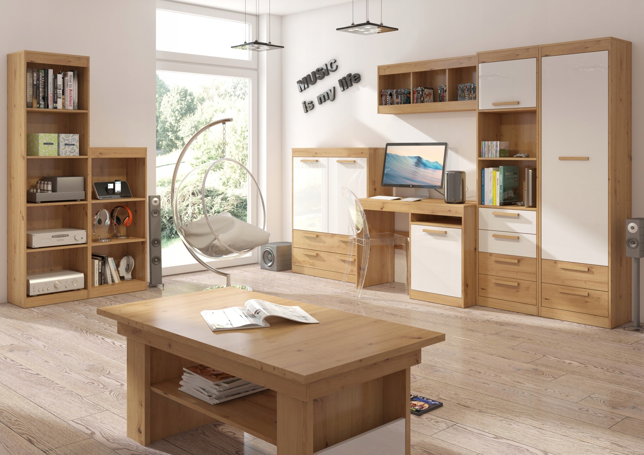 meble EMAX 02 biurko 1D dąb artisan / biały połysk Marka Meble4home