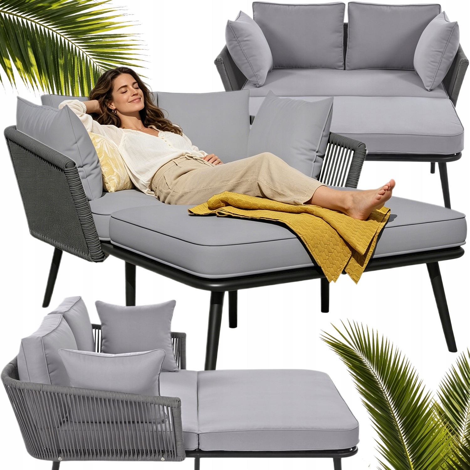 Zestaw Mebli Ogrodowych, Sofa ogrodowa z poduszkami 10cm, 2-osobowa, szary