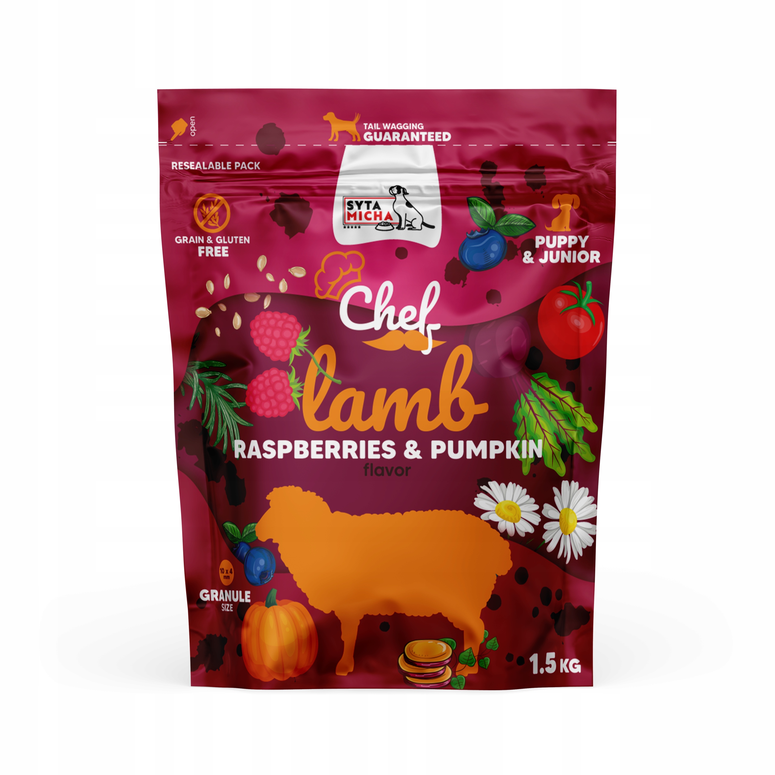 Levně Suché krmivo pro štěňata Jehněčí, malina a dýně Syta Micha 1,5 kg