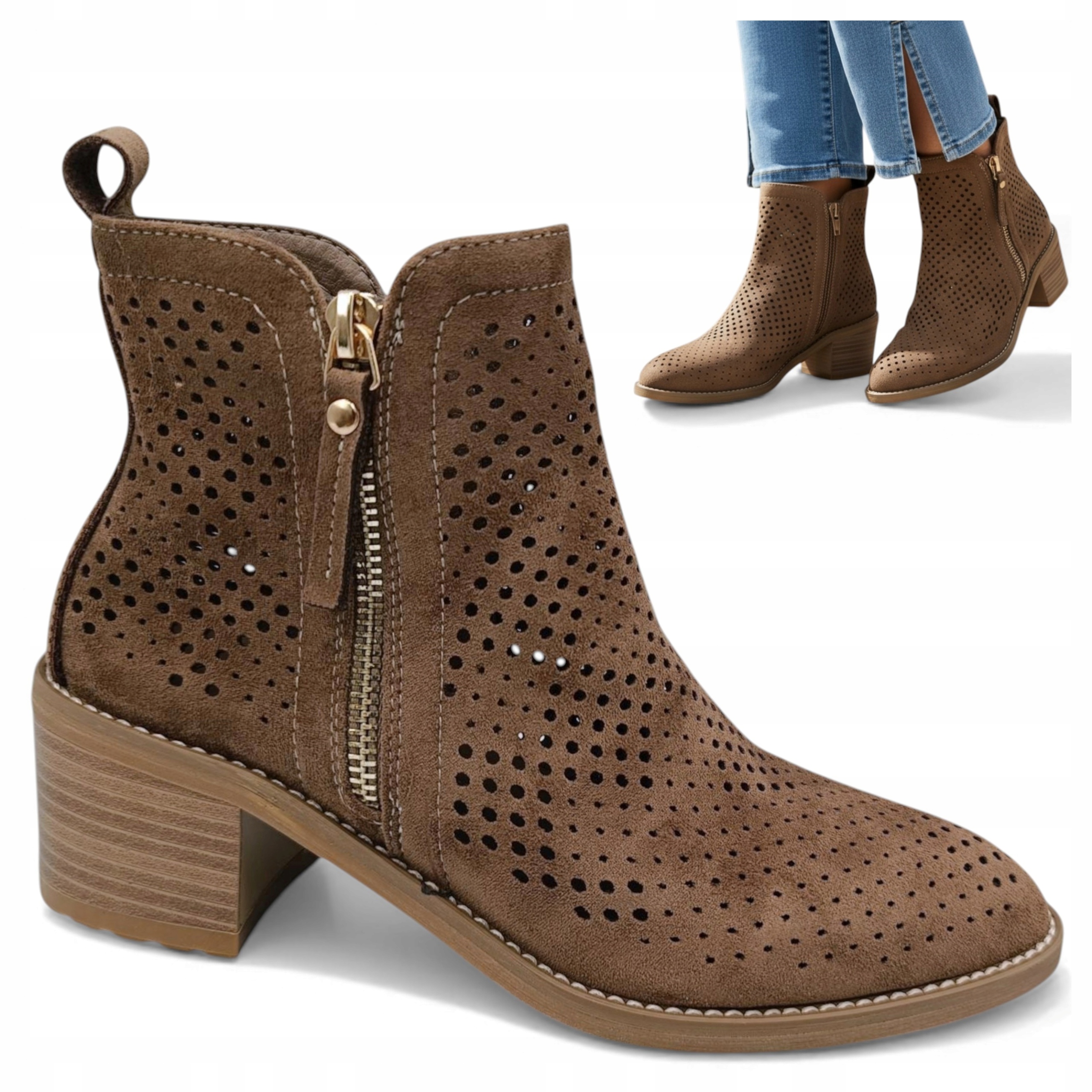 38 Vinceza Kovbojské Boty Dámské Semišové Na Klocku Prodyšné Letní Módní