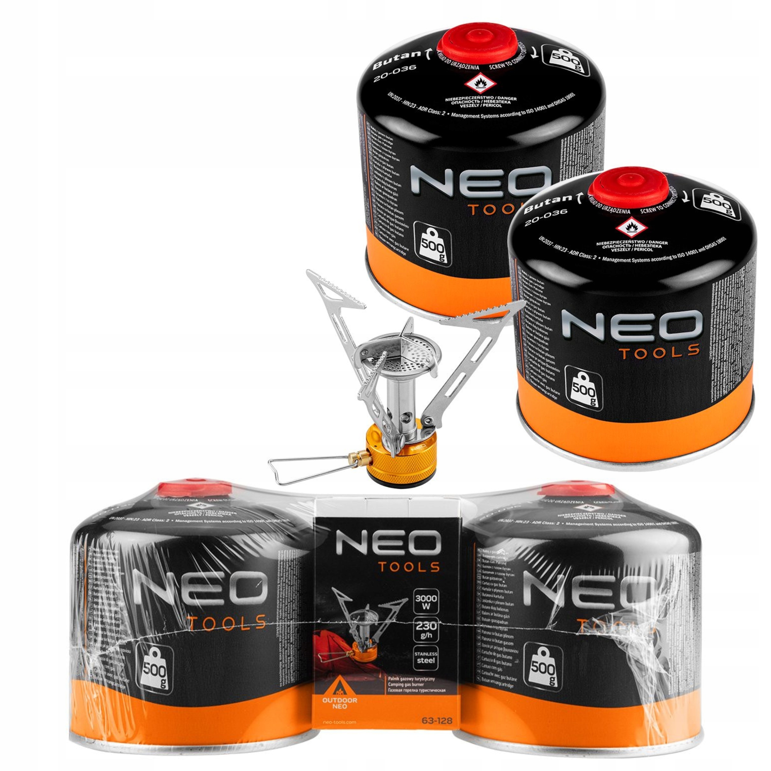 Neo Tools Turistický Plynový Hořák Vařič 3000W +2 Náboje S Plynem 20-036