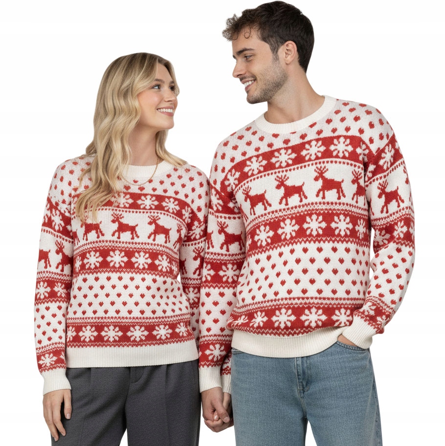 Vánoční svetr sada pro páry bílý s červenými soby a srdíčka vánoční