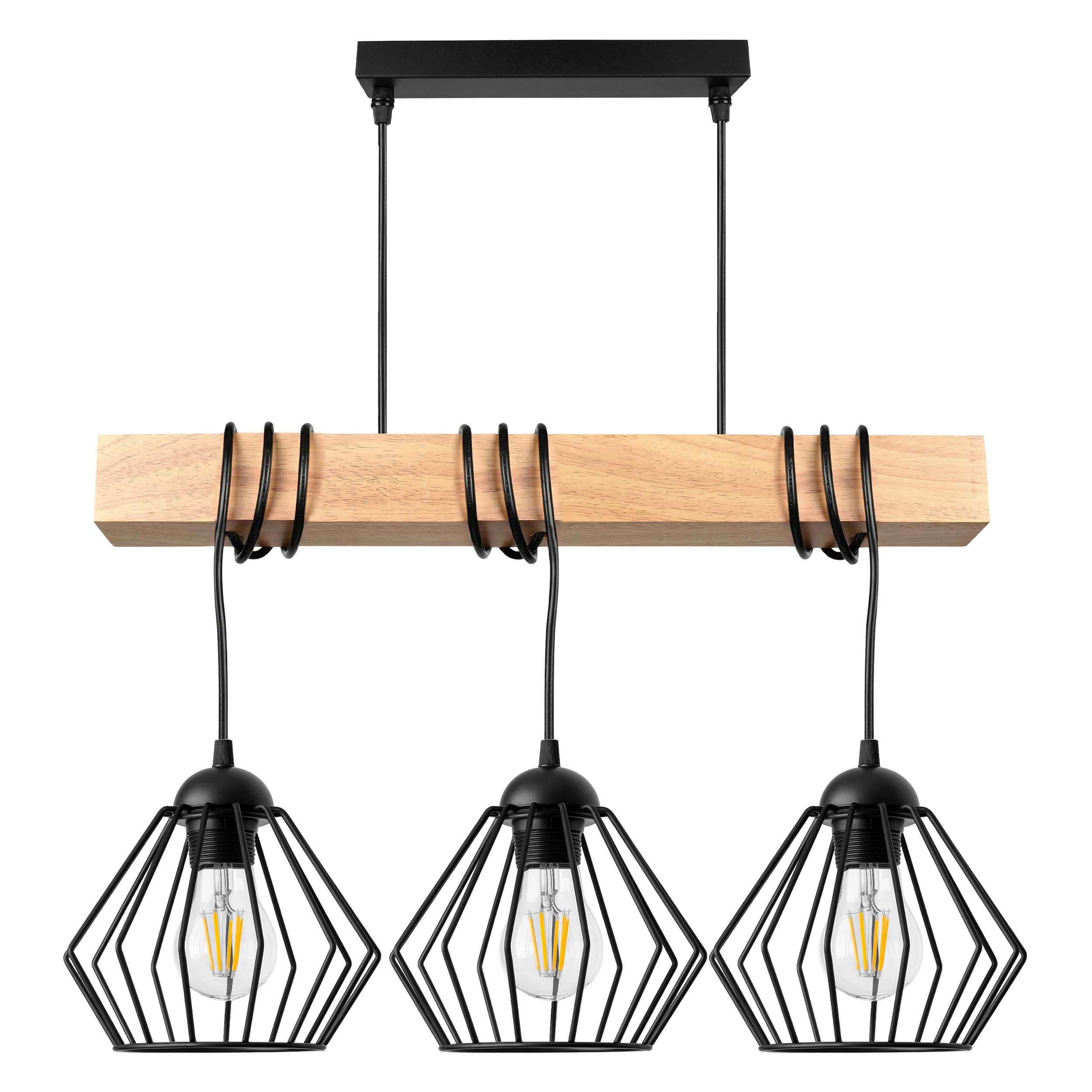 Lampa Wisząca Sufitowa Led Zwis Belka Drewniana Loft Druciana Czarna 3xE27