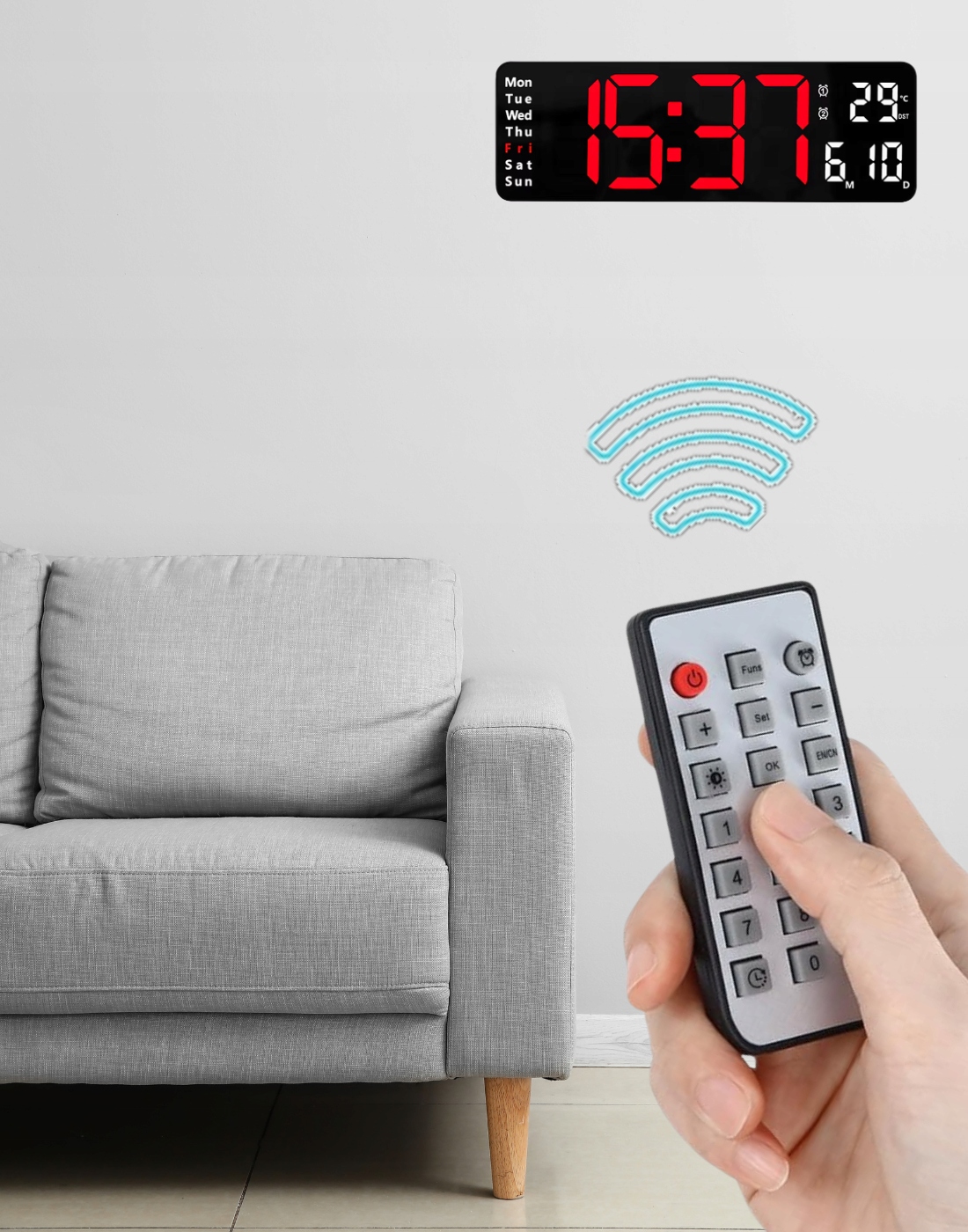 Cyfrowy zegar ścienny LED RegMag z pilotem – czerwony wyświetlacz – Dane techniczne