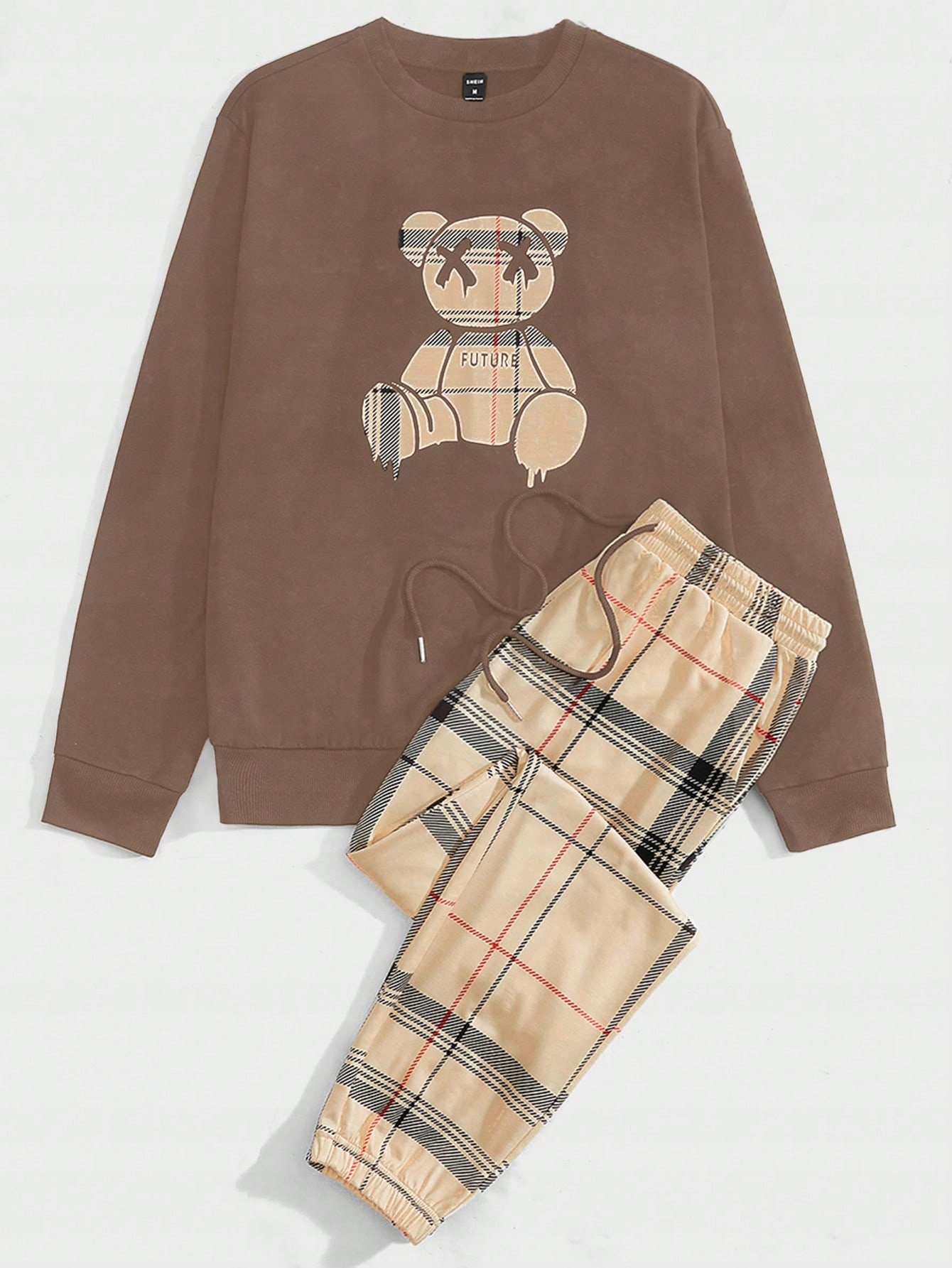 Teplákovka Pánský Komplet Teddy Casual Mikina S Potiskem Kalhoty Mřížka Shein M