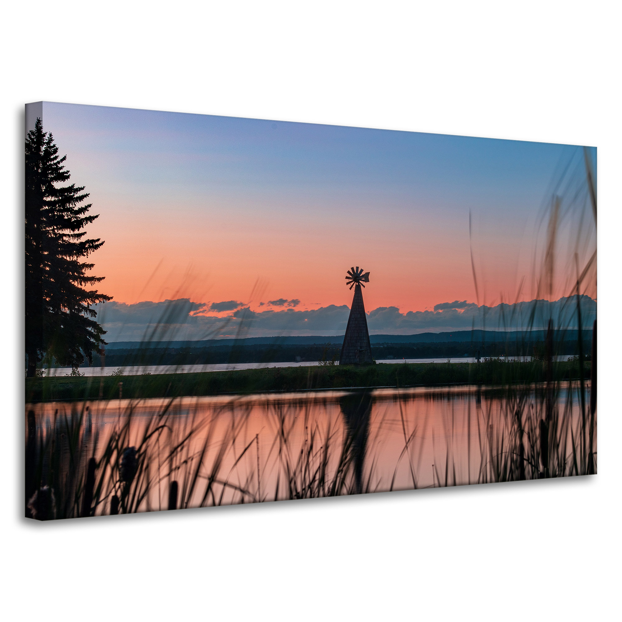 Obraz na plátně Větrný mlýn Nebe Příroda Západ Slunce Jezero Tráva 100x60