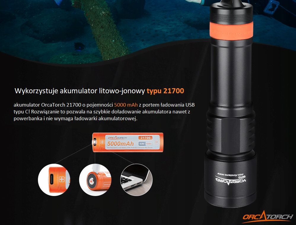 Latarka nurkowa Orca Torch D700 Głębokość operacyjna 150 m