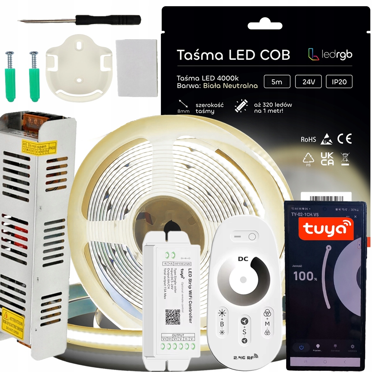 Sada Led pásků Cob 24V 5 m 4000K Bílá Neutrální Napájecí Zdroj Tuya Wifi Dálkový Ovladač