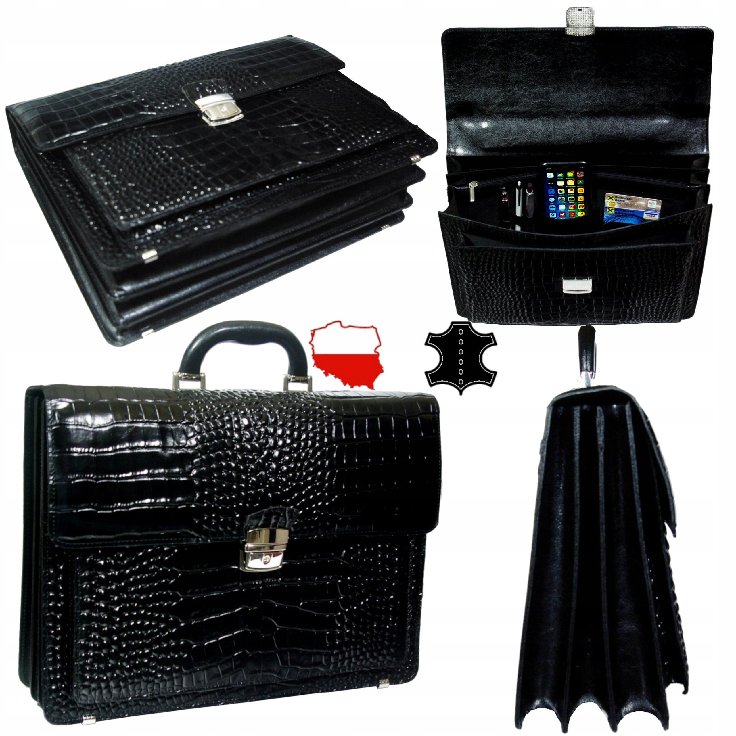 Černá kožená aktovka notebook 15 polská výroba A4 dámská krokodýlí kůže