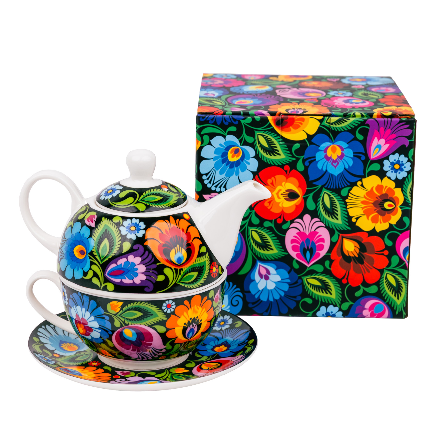 Šálek Halinka s konvičkou – na kávu a čaj, lidový černý motiv