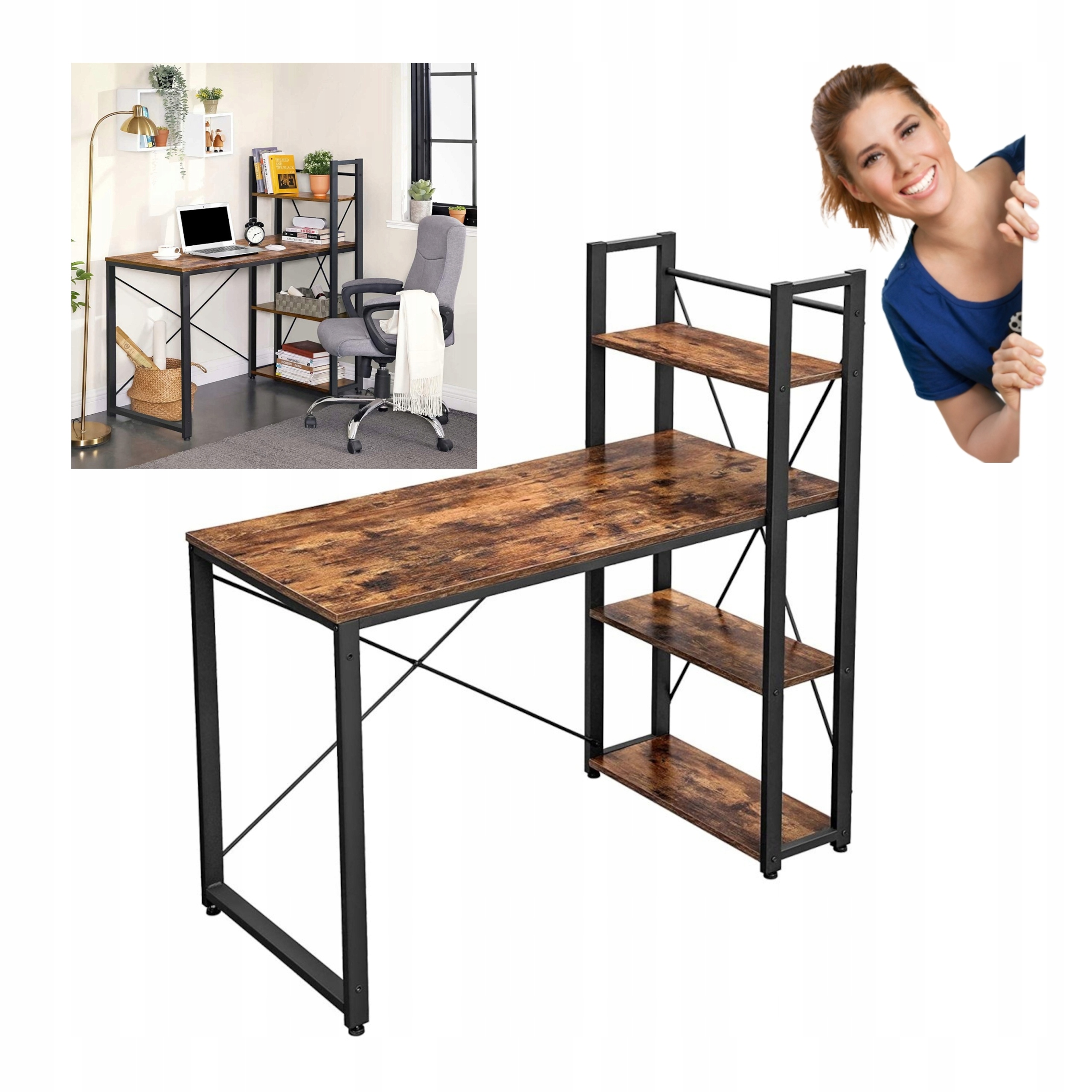 BIURKO Komputerowe Z REGAŁEM Bocznym 3 PÓŁKI NOWOCZESNE LOFT RNCD