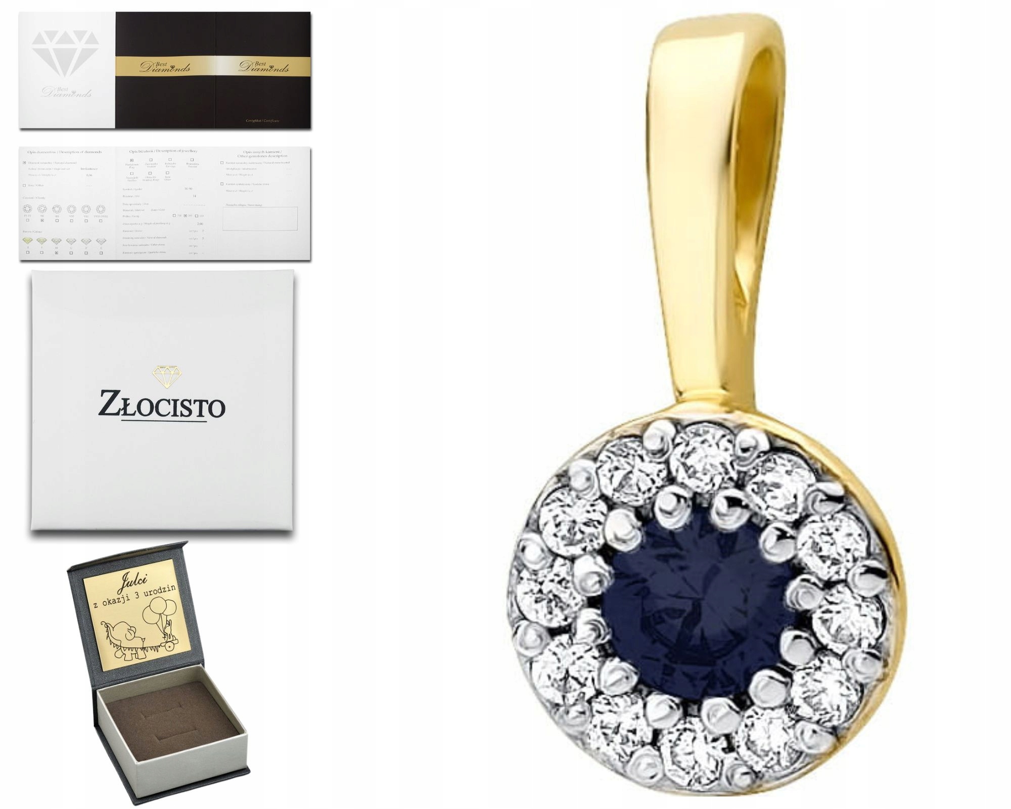 Zlatý Přívěsek Se Safírem A Diamanty 585 Gravírování