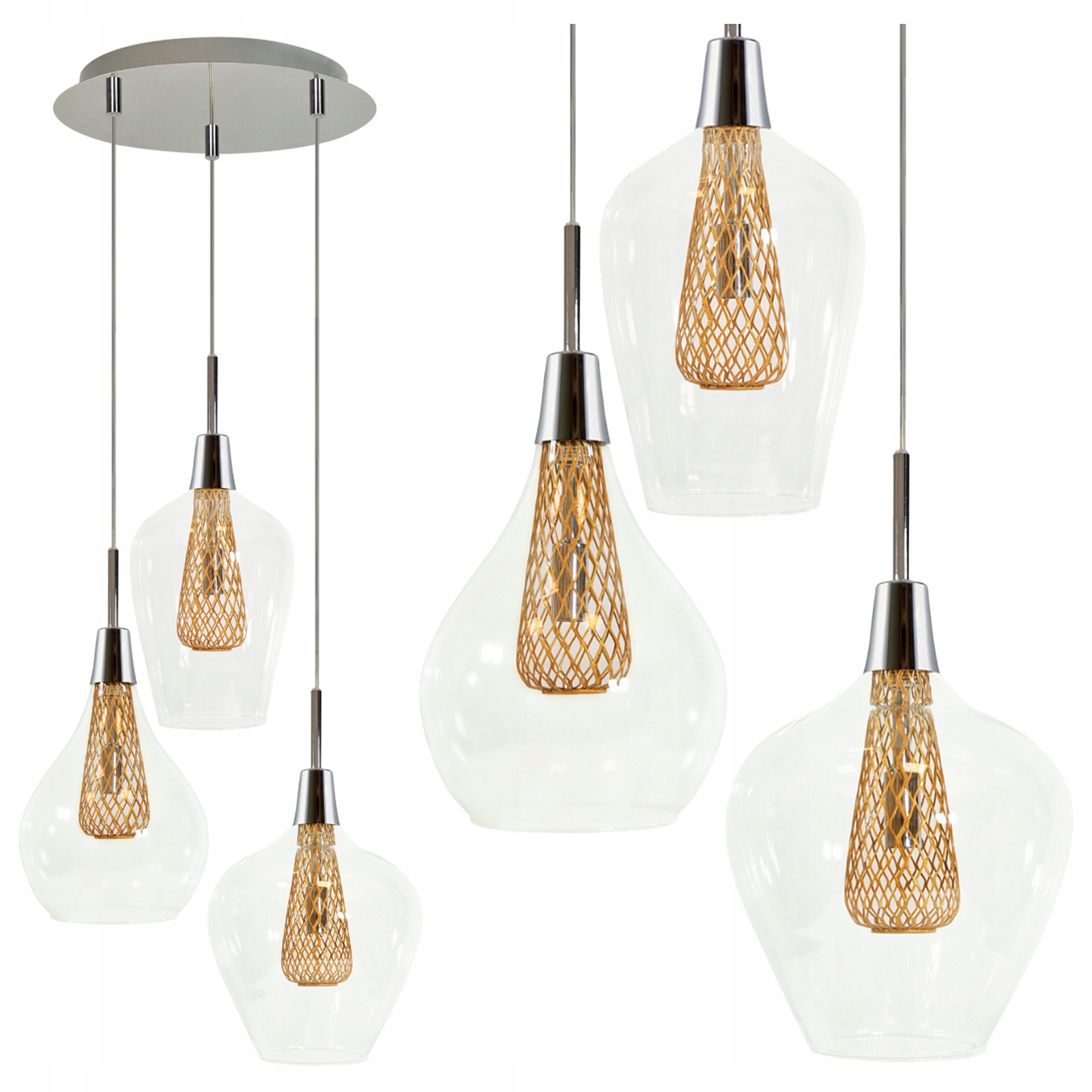 Závěsná Led stropní lampa Moderní lustr 3x G9 Průhledná Zlatá