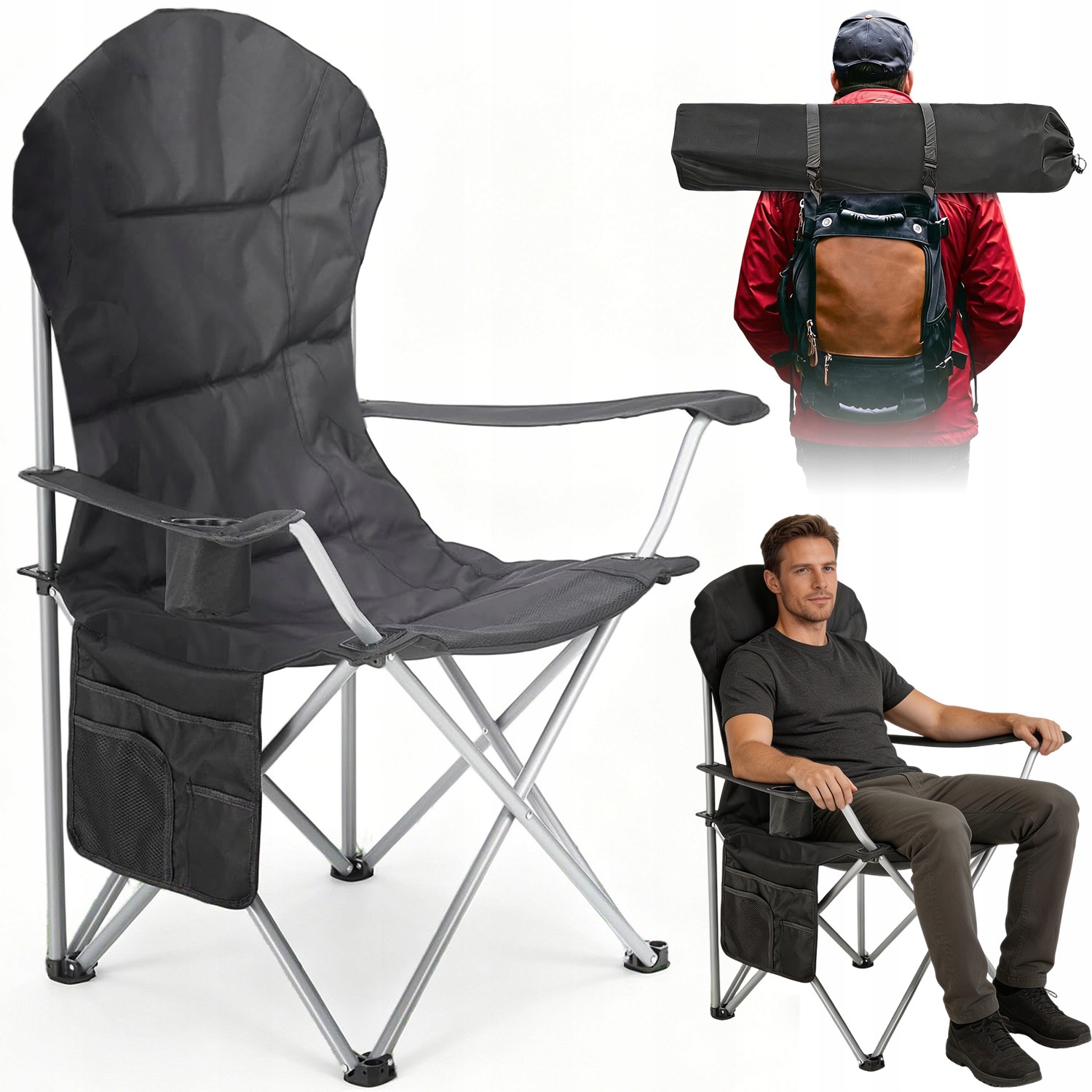 Skládací Turistická Zahradní Židle 102 CM, Přenosná, Ultralehká, S Kapsou
