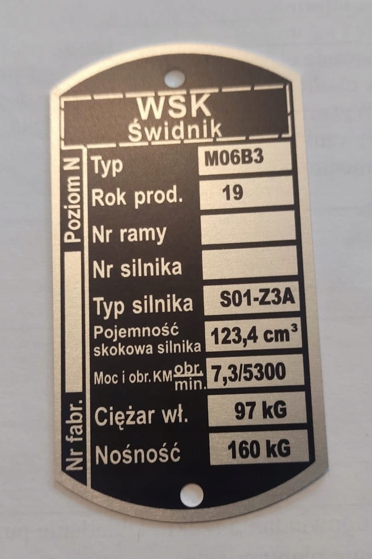 Tabliczka znamionowa Wsk M06-B3 M06B3 125 S01-Z3A 97kg