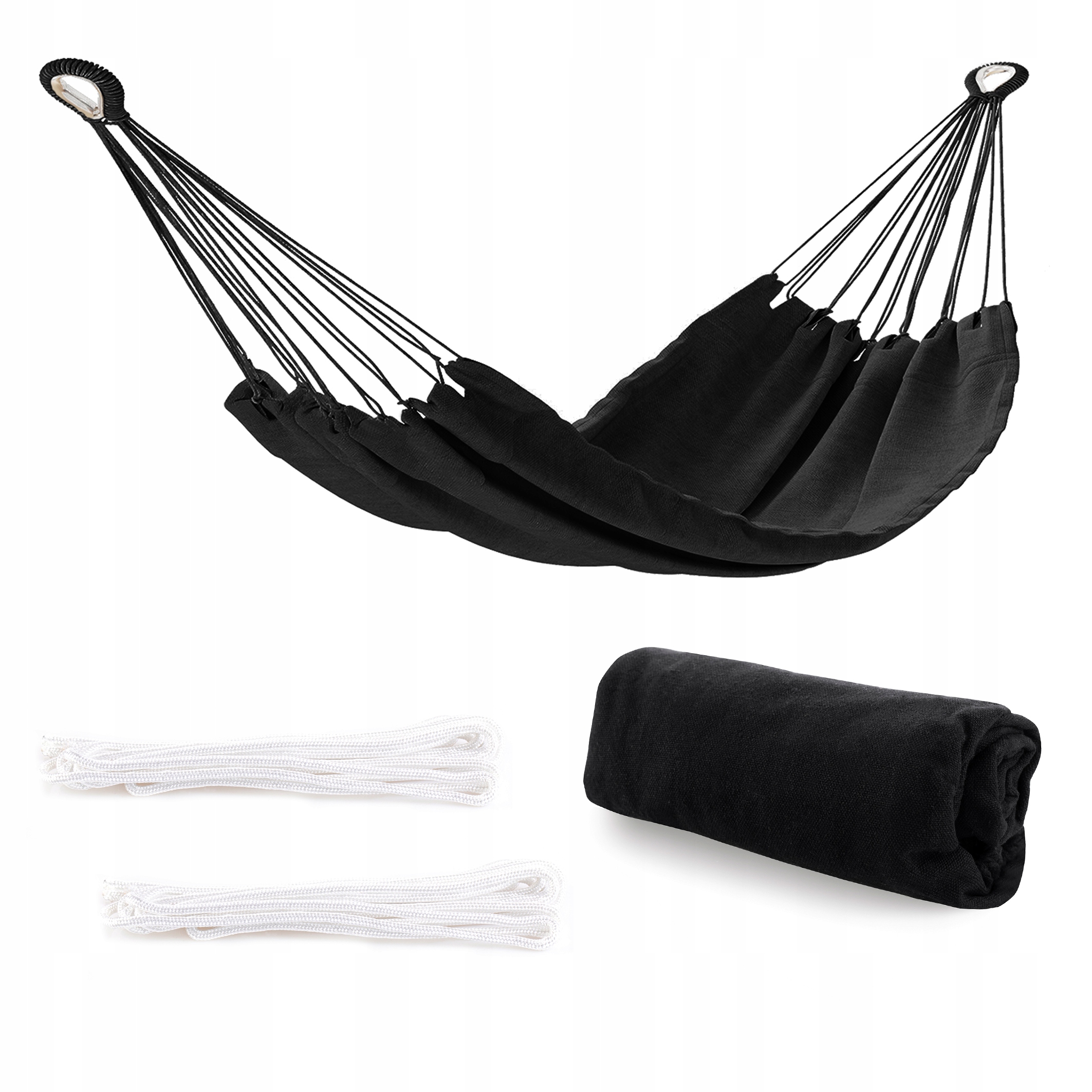 

Czarny hamak ogrodowy na balkon z linkami 240x80cm