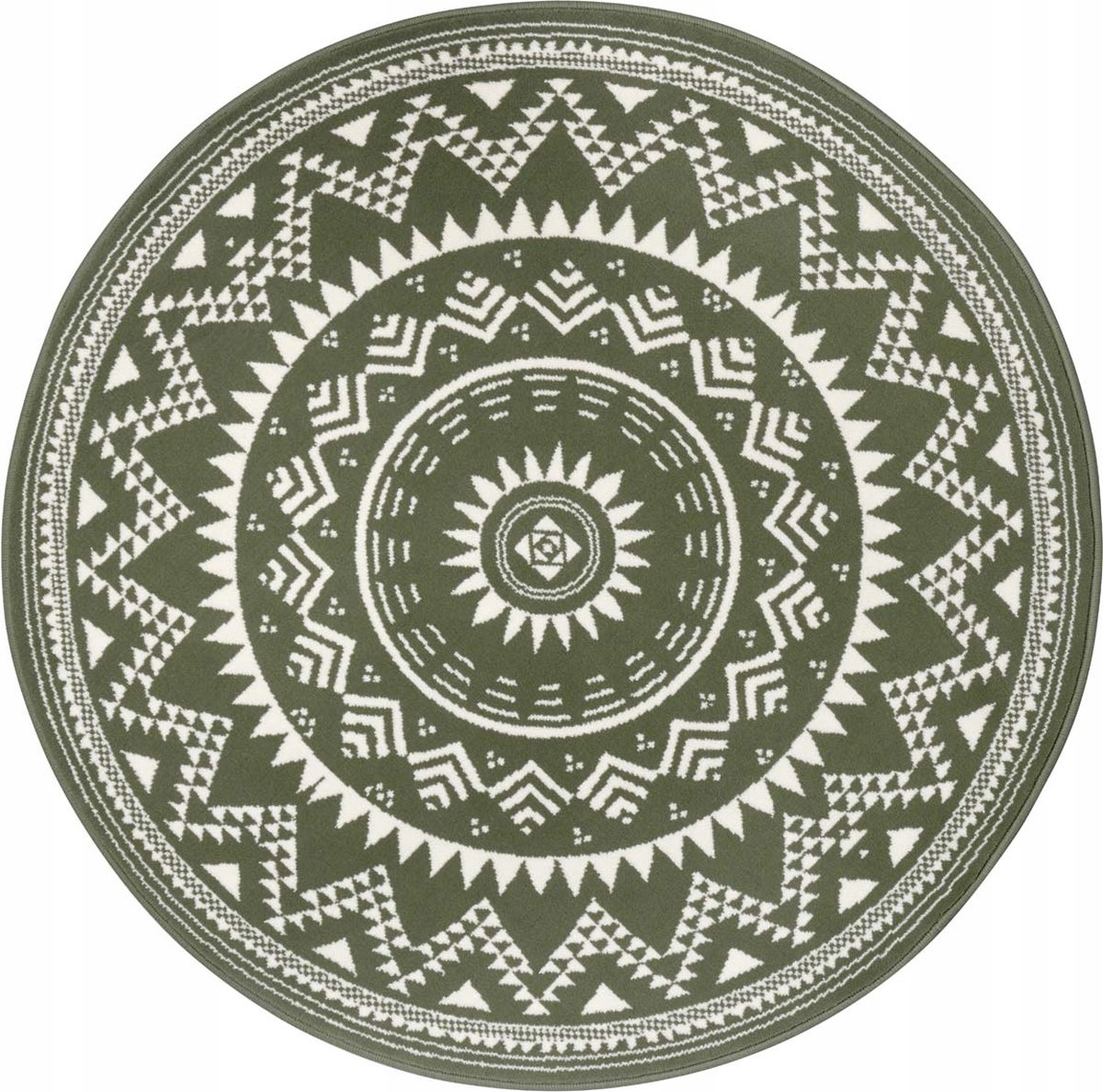 Kruhový koberec do obývačky 140 cm, mäkký vlas, krémovo zelený vzor mandala