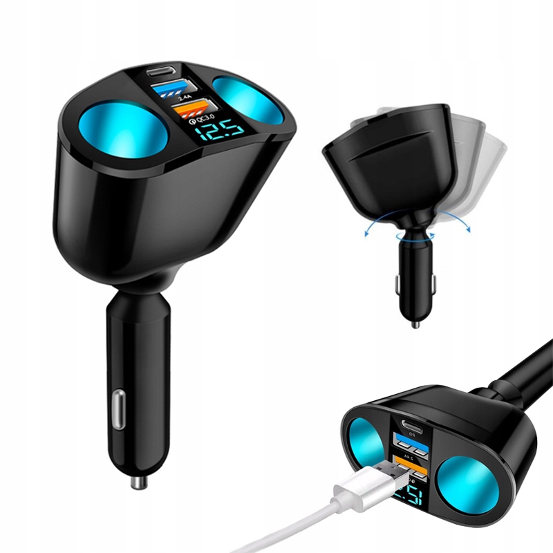 Rozdzielacz Gniazda Zapalniczki 12-24V Ładowarka 2XUSB Qc Woltomierz 170W