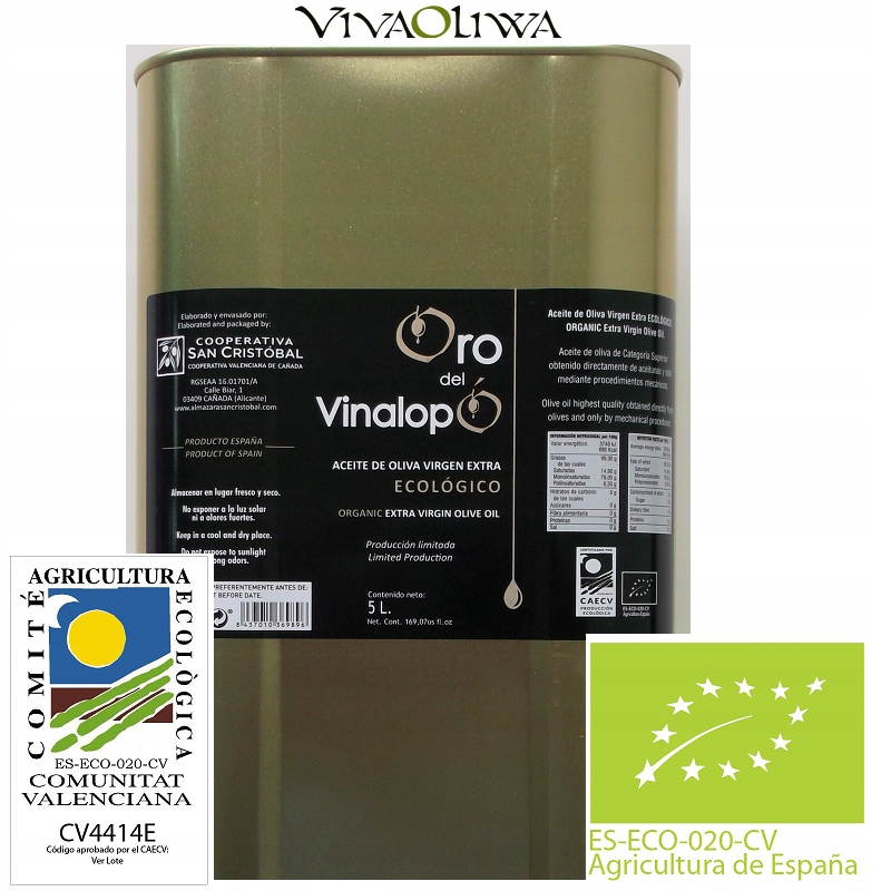 Ekologický extra panenský olivový olej Oro Del Vinalopó kyselost 0,12% 5 l