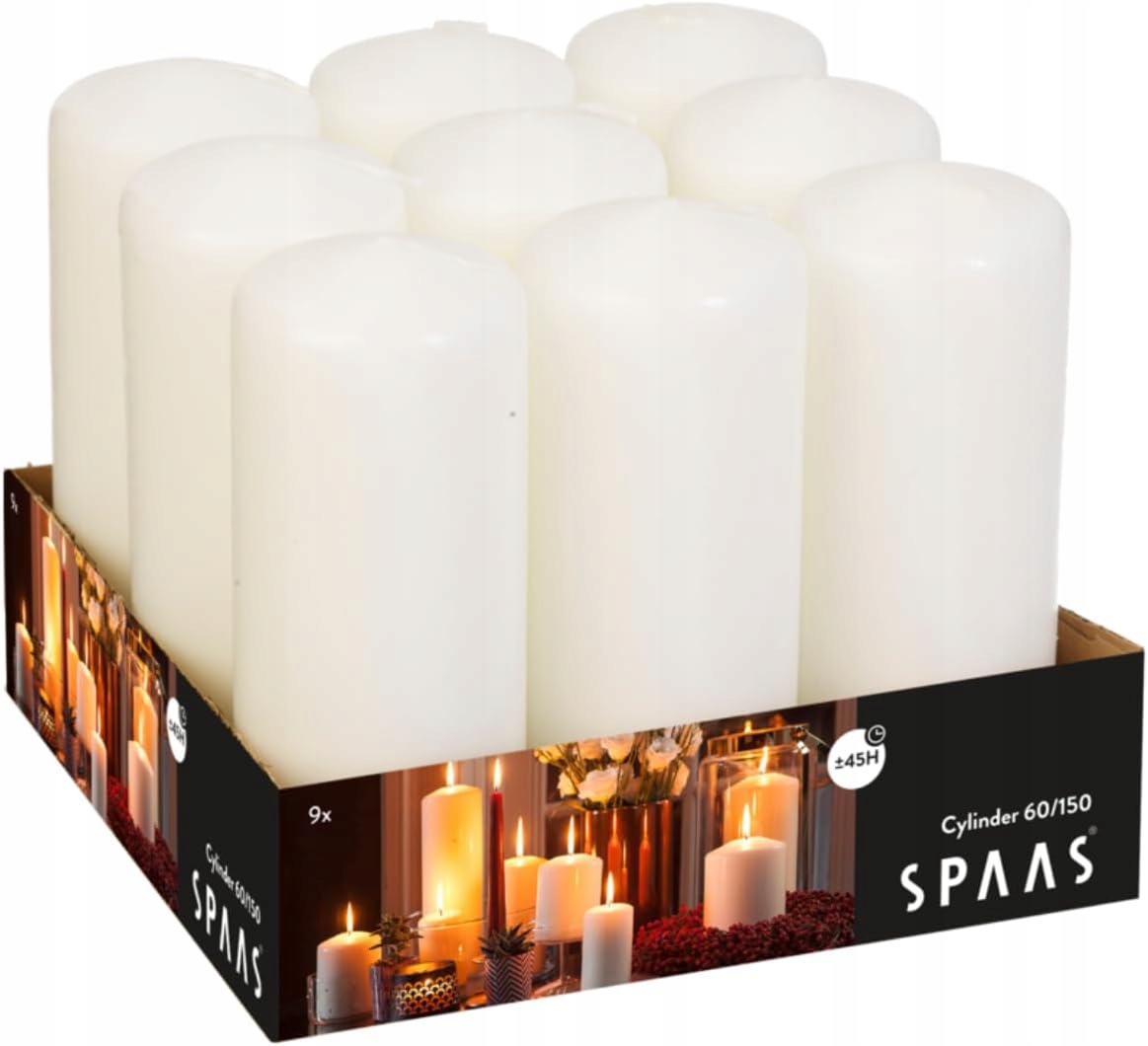 Spaas 9 kusov klasických sviečok bez zápachu 60/150 mm, 45 hodín, biele