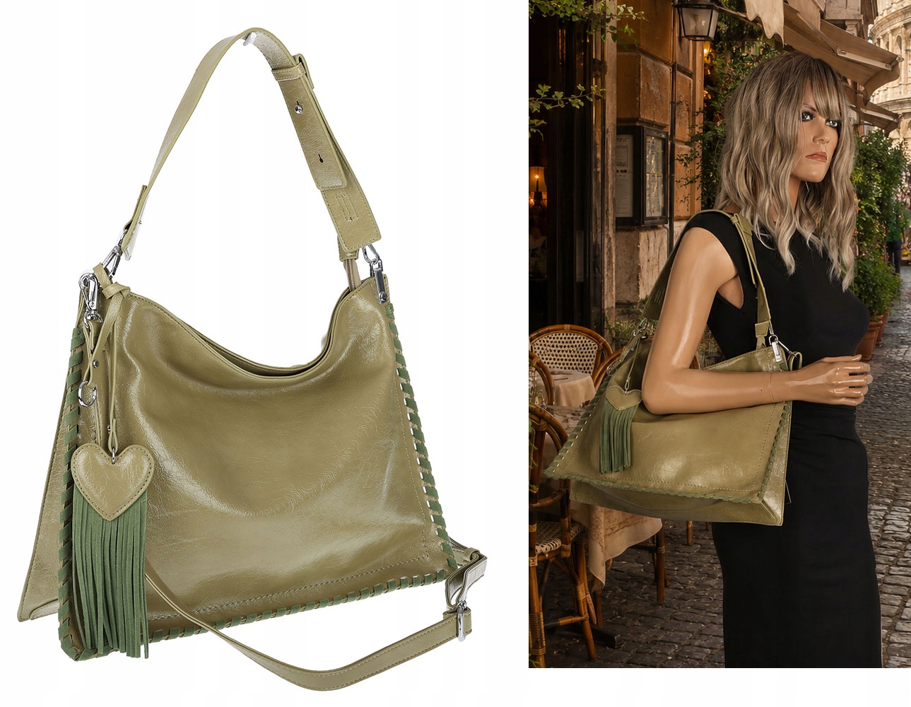 Dámská kabelka shopper taška přes rameno třásně velká módní boho MC687 Zelená