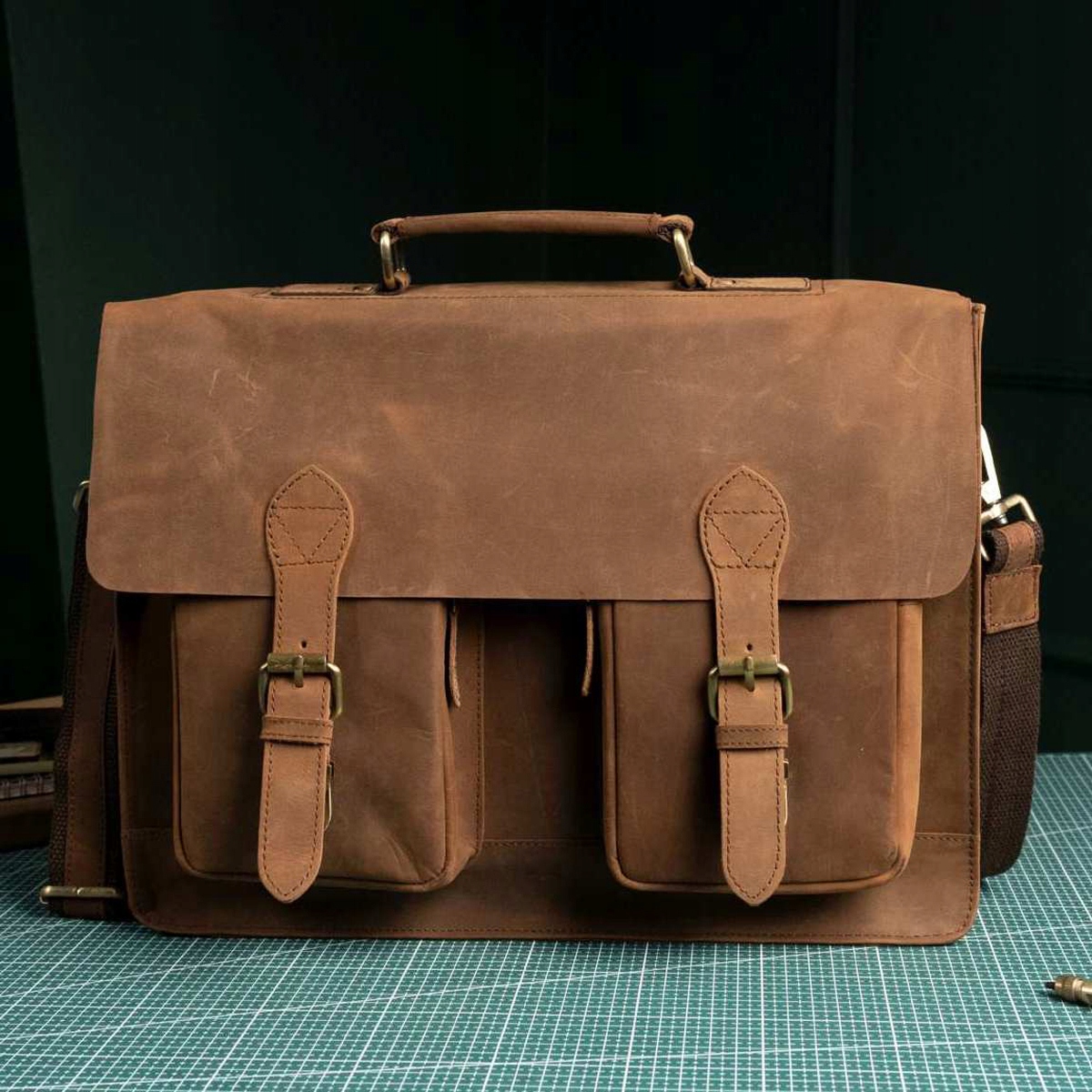 Belveder Kožená taška do práce A4 Vintage s kapsami, hnědá BL114