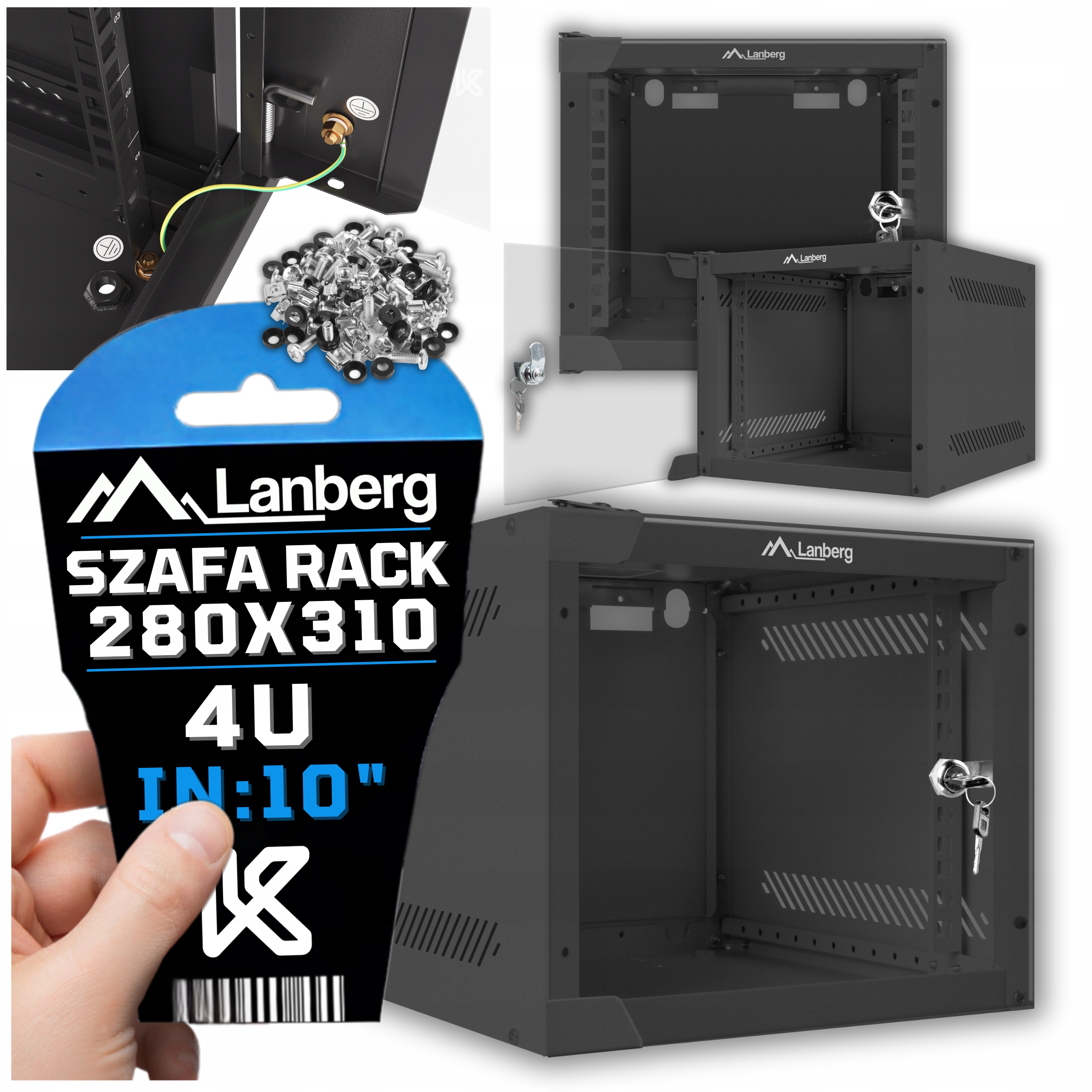 Skříň Rack 10" 4U Závěsná 280X310 Palců Serverová Skleněné Dveře Síť Lanberg