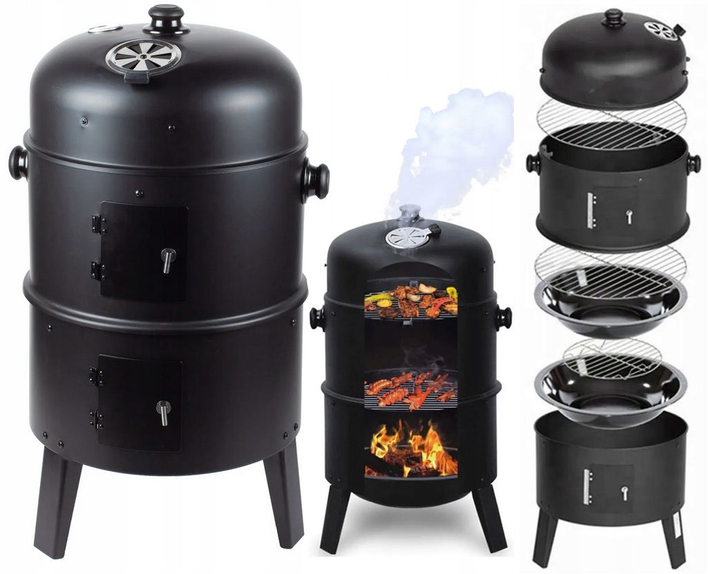 Velký Uhlíkový Gril 3v1 Zahradní 75CM Udírna Pečení V Páře