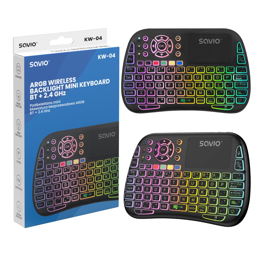 Klawiatura bezprzewodowa mini Argb Bt 2.4 GHz Savio KW-04 Touchpad Smart Tv