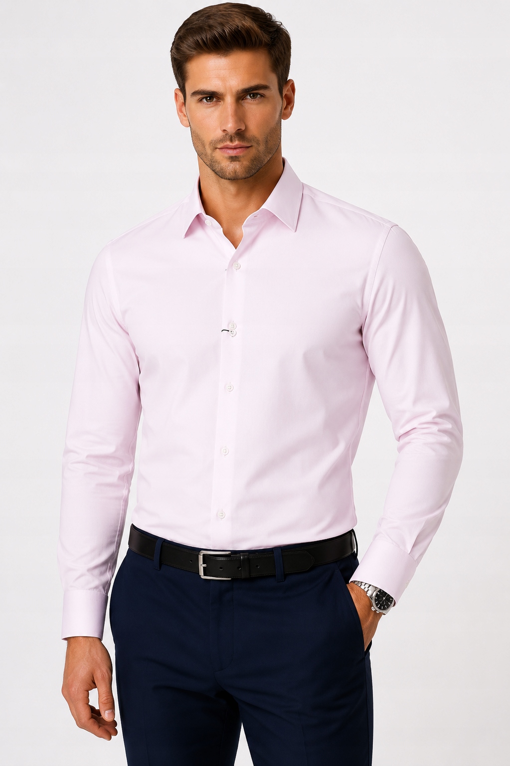 Pánská košile Pudrová Růžová s dlouhým rukávem Viadi Polo Slim Fit XL Lycra 3%