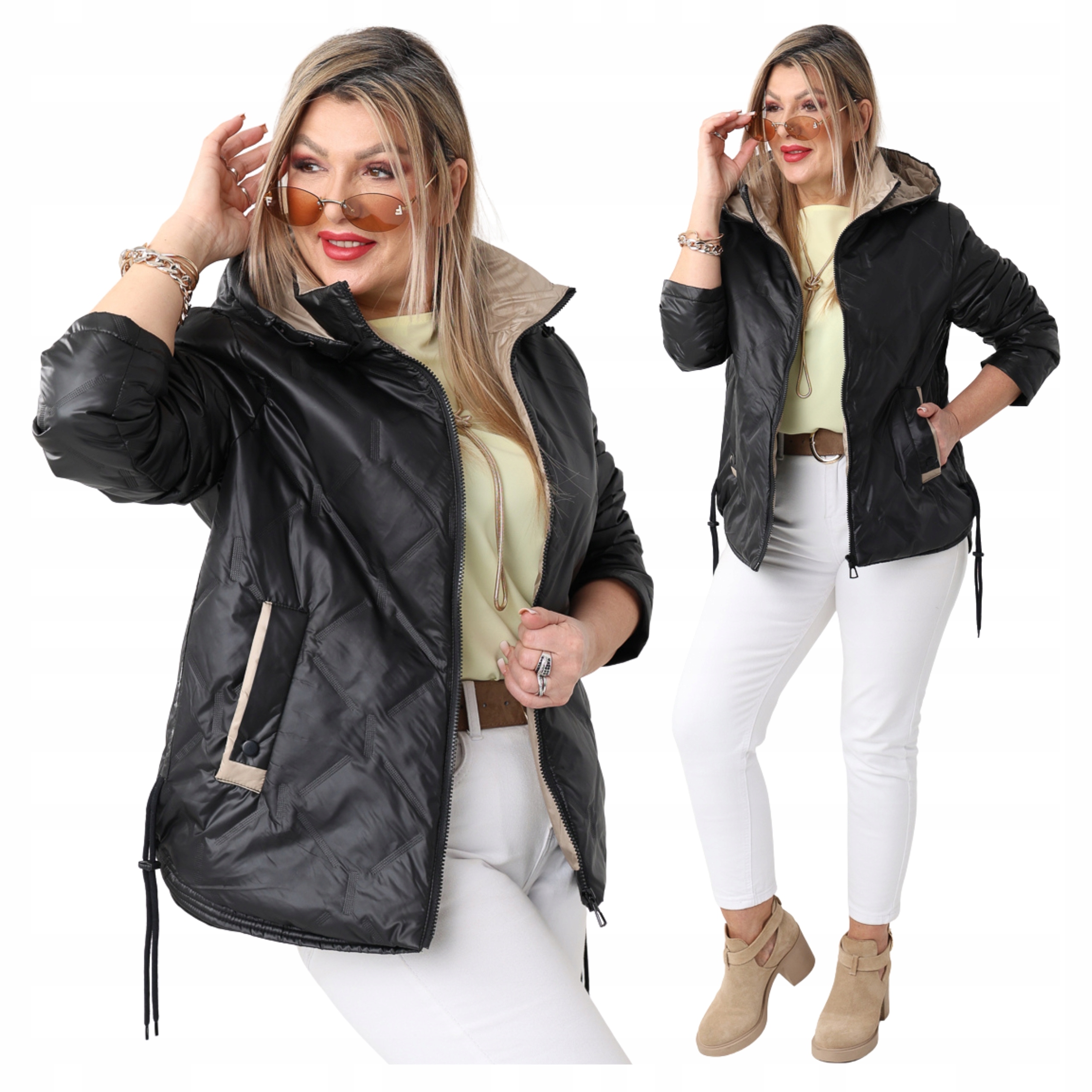 Pikowana Przejściowa Kurtka Damska Duże Rozmiary Regulowana Po Bokach