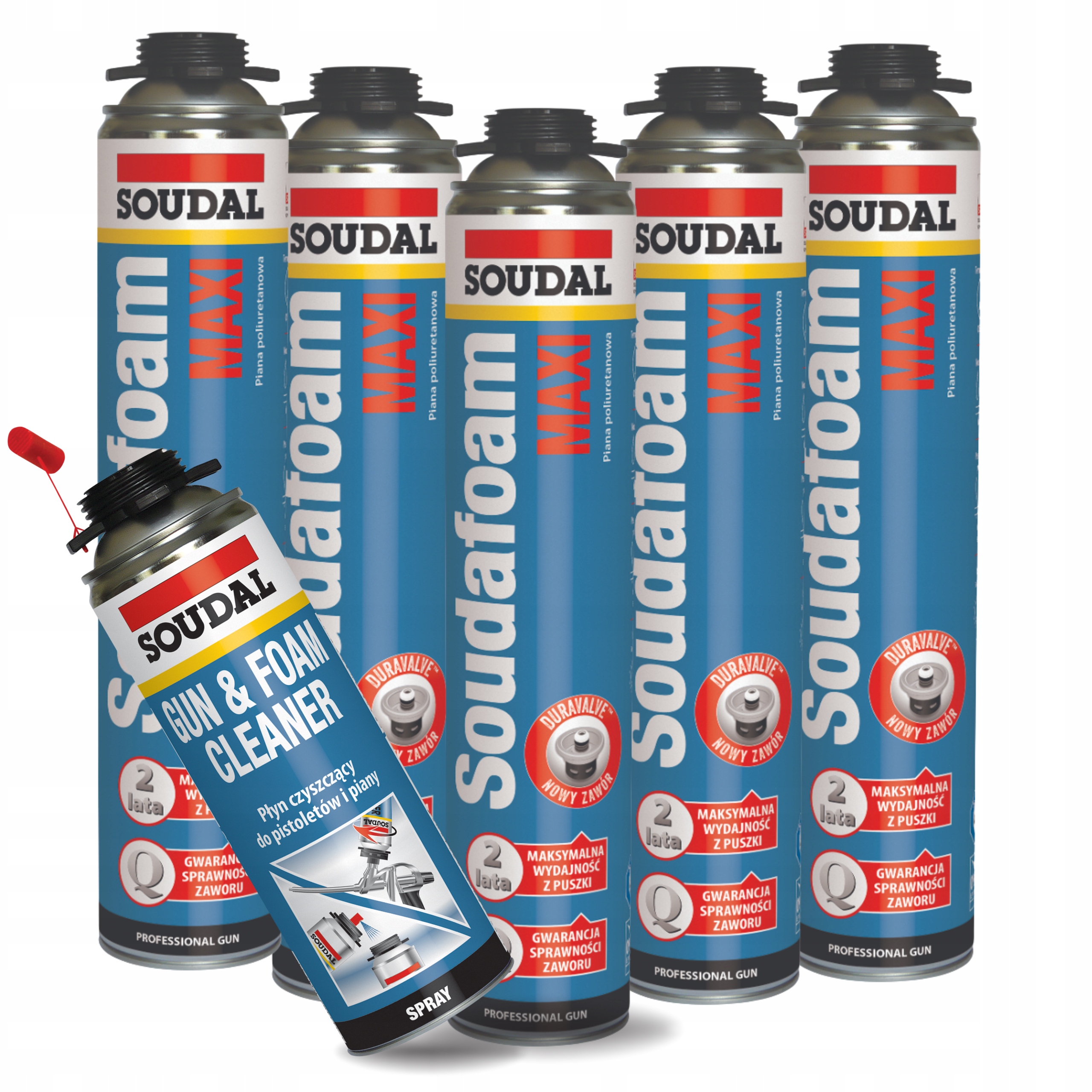 5 x Pistoletová Montážní Pěna Soudafoam Maxi Soudal 870 ml Čistič