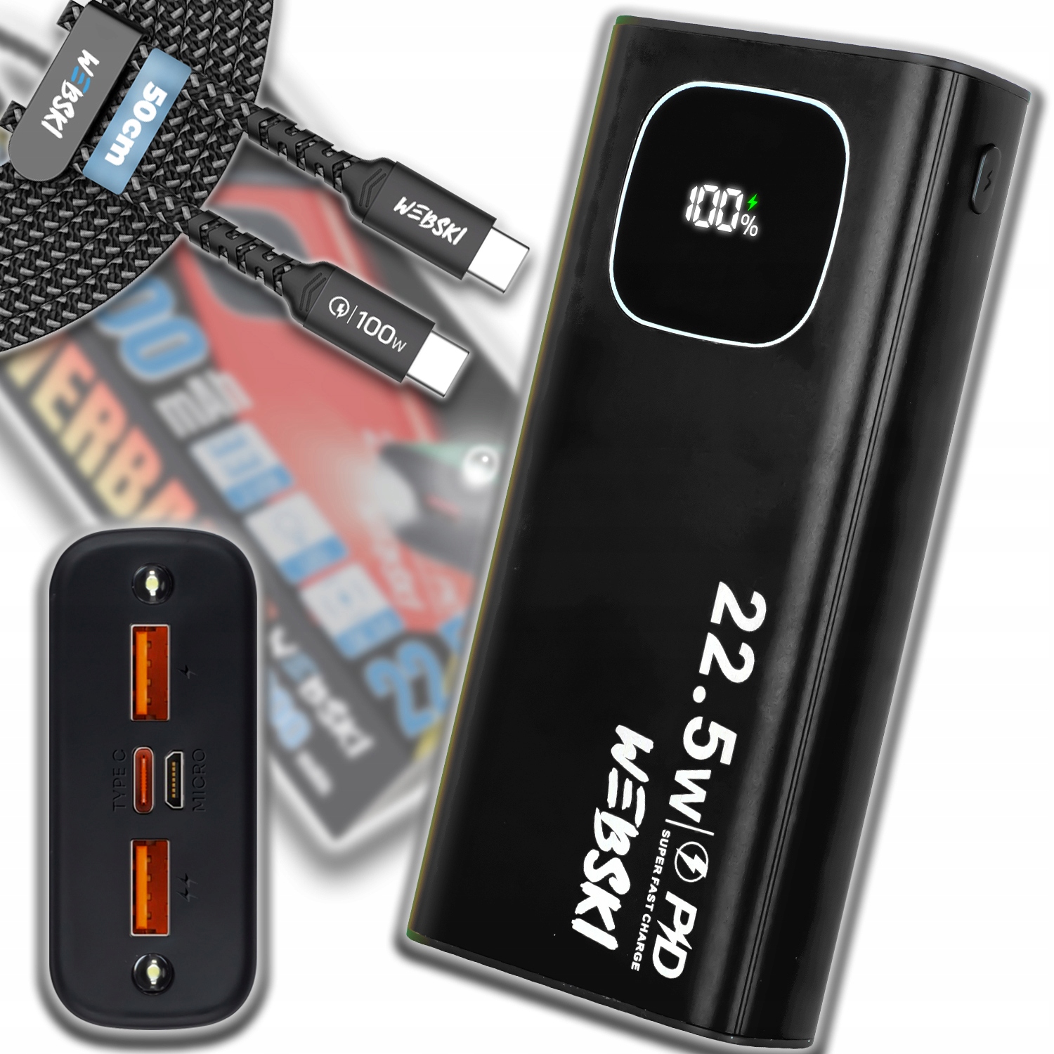 Power Banka 30 000 Mah Silná, Pevná, Velká, Prostorná, Qc Usb Kabel Usb C-C 50 CM