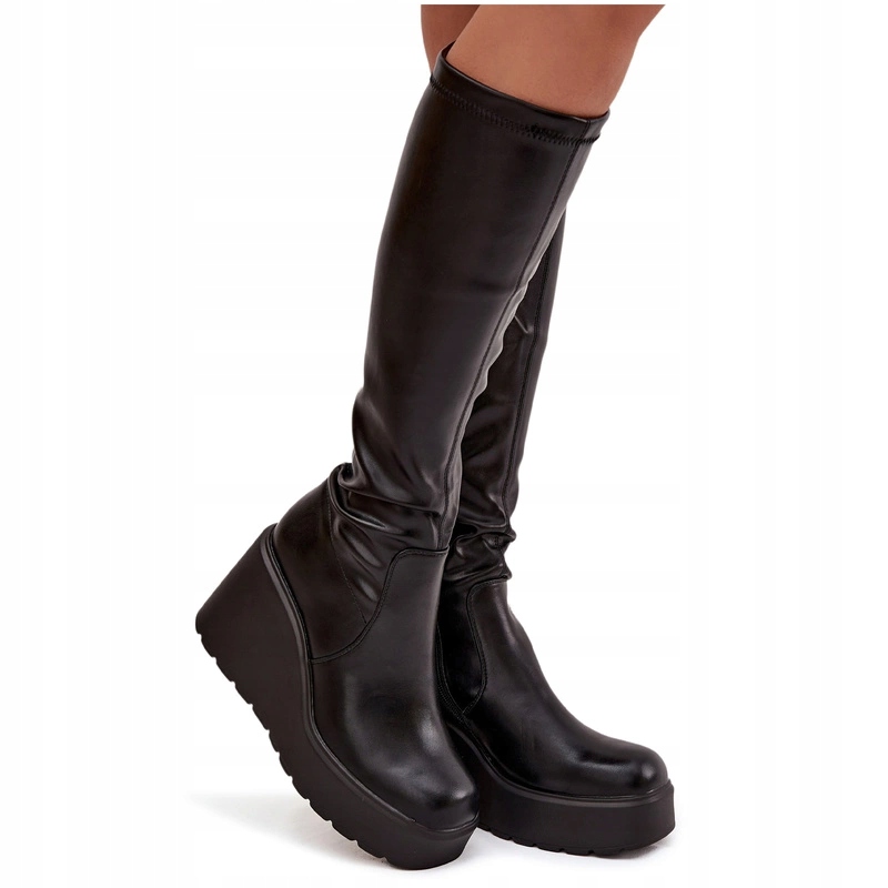 Dámské Eko Kožené Kozačky Na Podpatku A Platformě, Nazouvací, Černé, Velikost 39