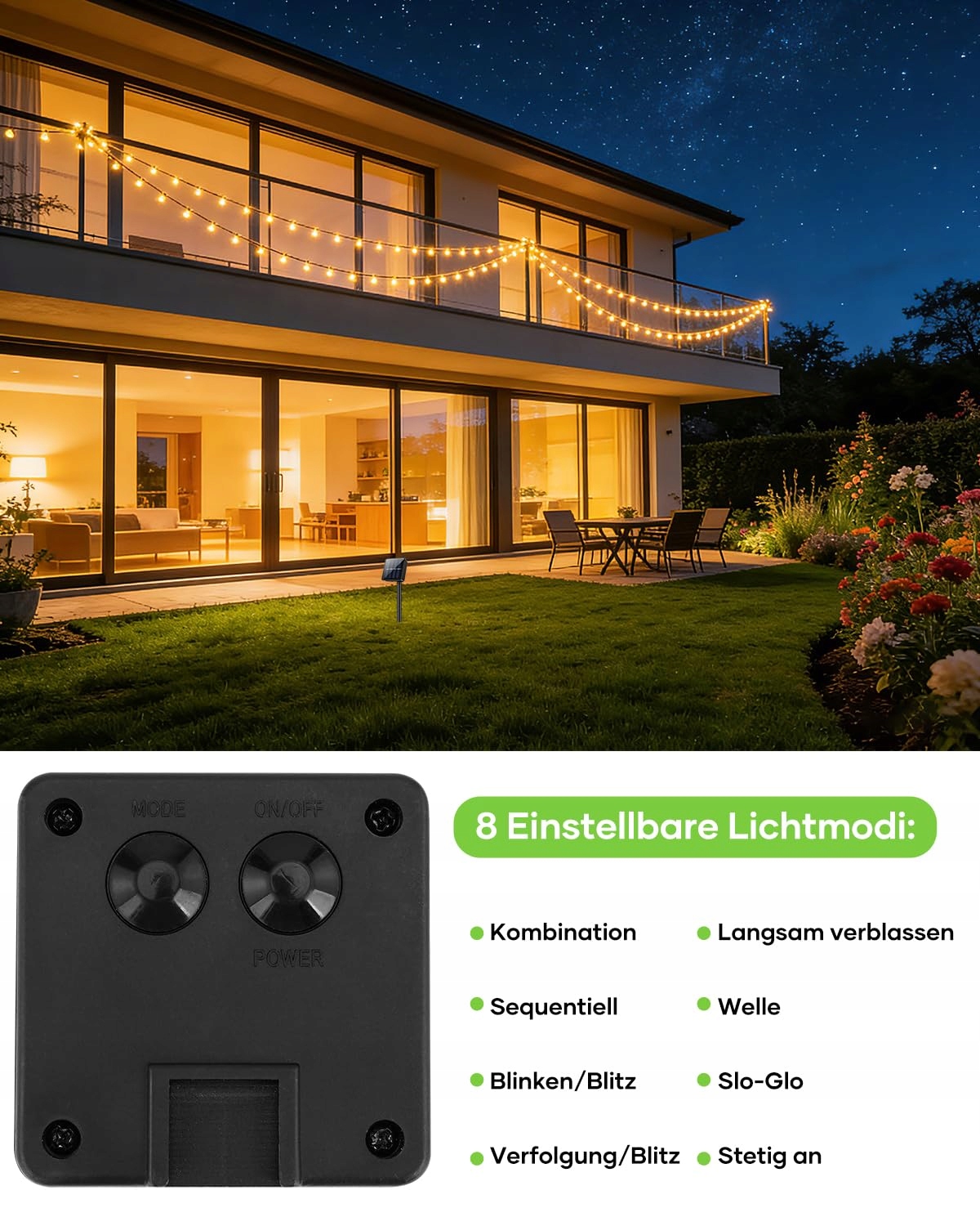 SURIGHT Solarna Girlanda Zewnętrzna 8M 30 LED 8 Trybów IP65 Wodoodporna — miniatura 4