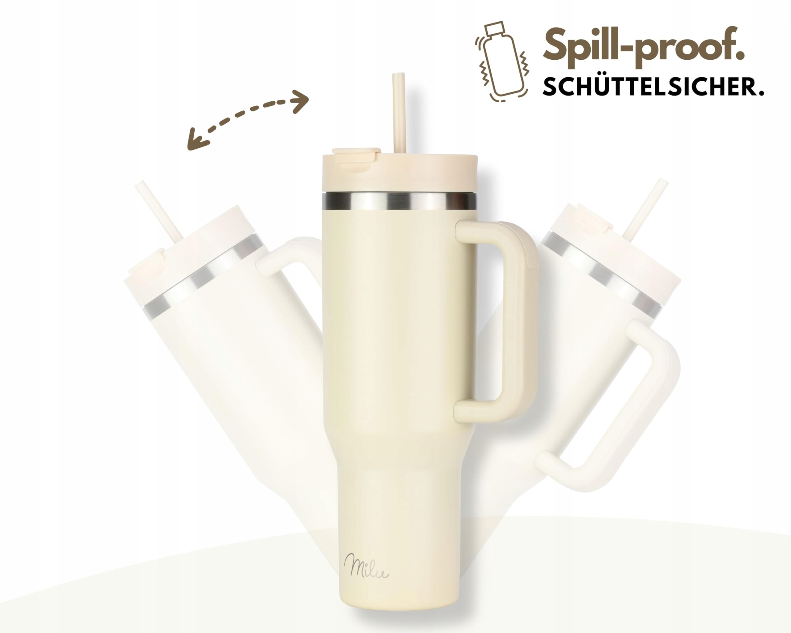 MILU Kubek Termiczny 1200ml Ze Słomką I Uchem Stal Nierdzewna Beżowy — miniatura 6