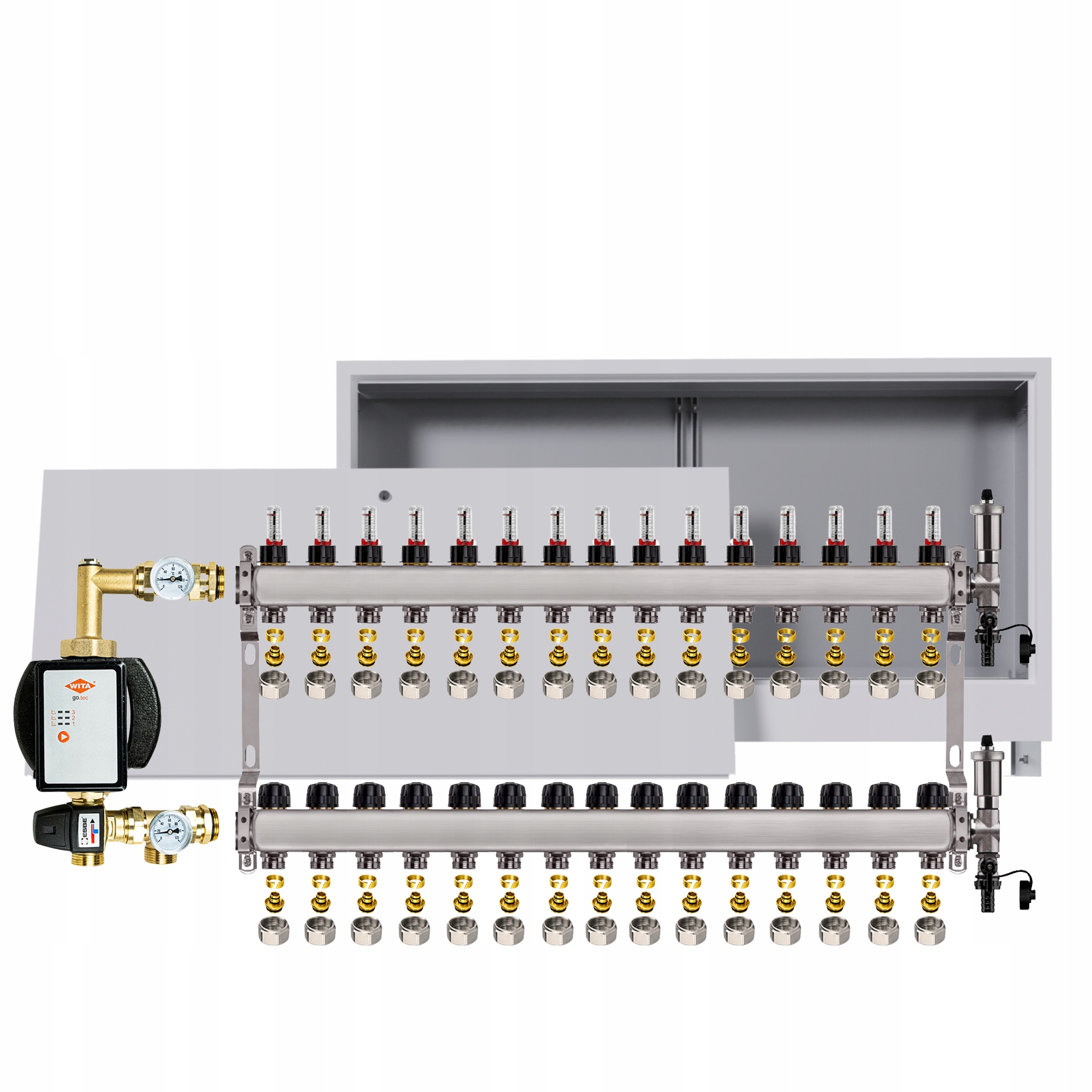 Rozdělovač pro podlahovku 15 okruhů s čerpadlem Wita podomítkový box +pex