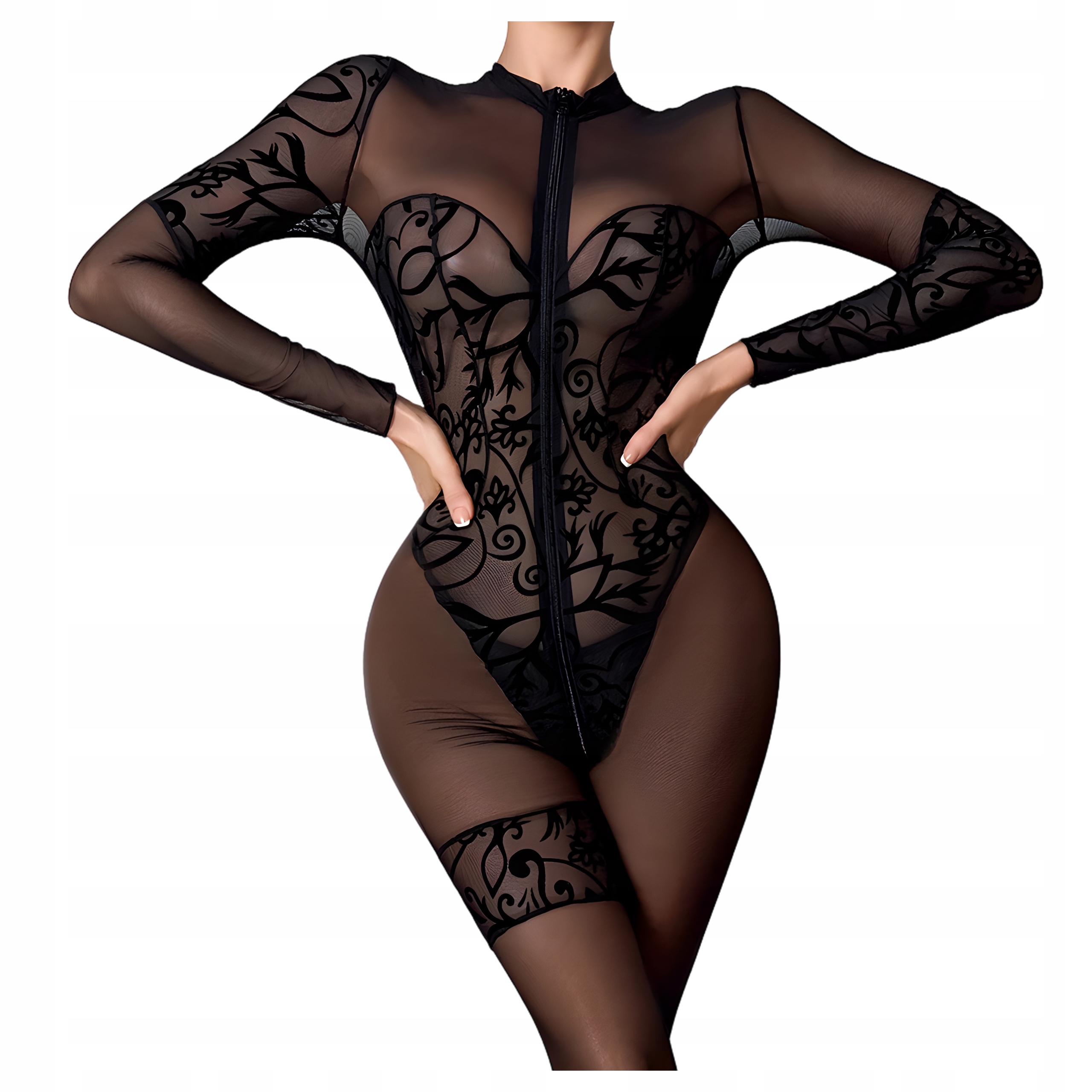 Seksowny Bodystocking Czarny Kombinezon z Długim Rękawem EROCHIC
