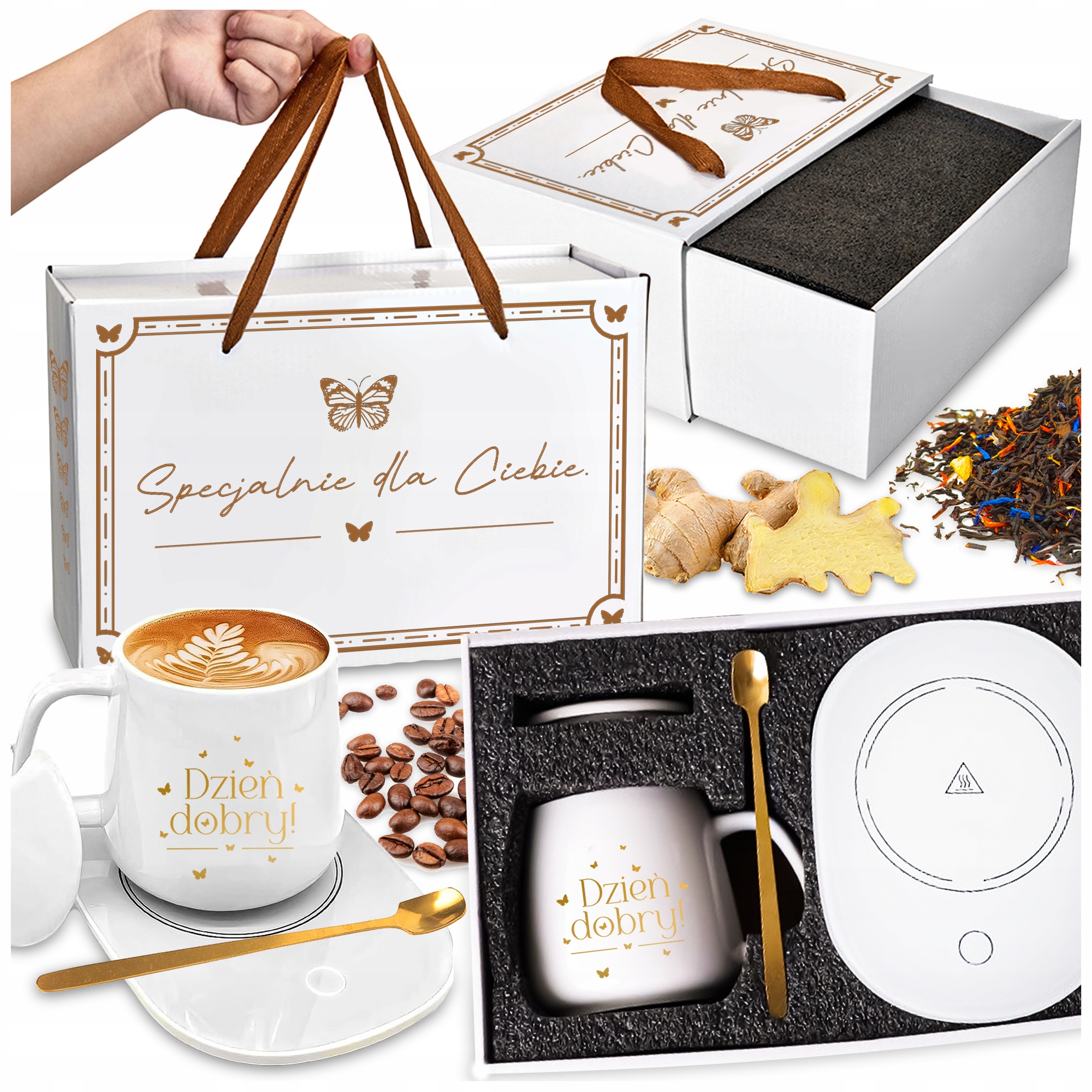 Zestaw Prezentowy Podgrzewacz Kabel Kubek Pokrywka Łyżeczka Do Kawy Herbaty