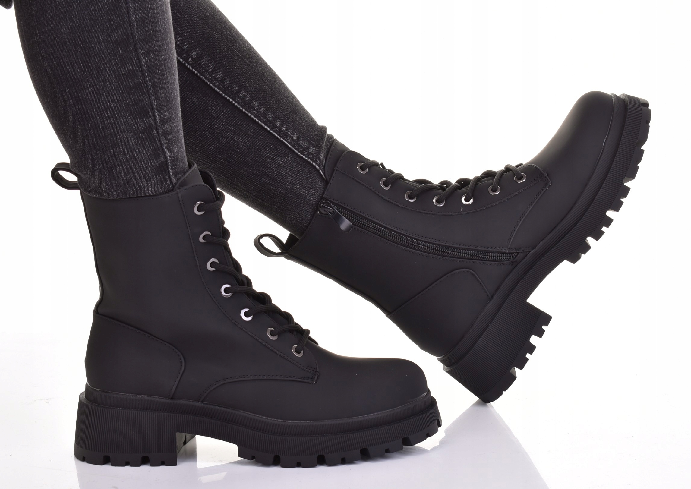 BOTKI DAMSKIE WORKERY OCIEPLANE TRAPERY EKOSKÓRZANE TRAPERKI CZARNE Rozmiar 37