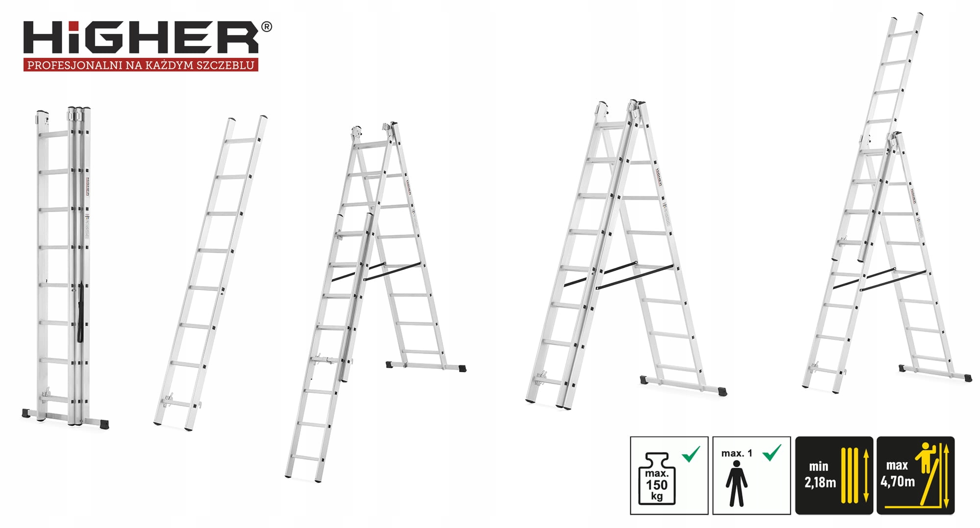 Drabina aluminiowa wielofunkcyjna z adaptacją na schody 3x8 HIGHER 150kg — 17